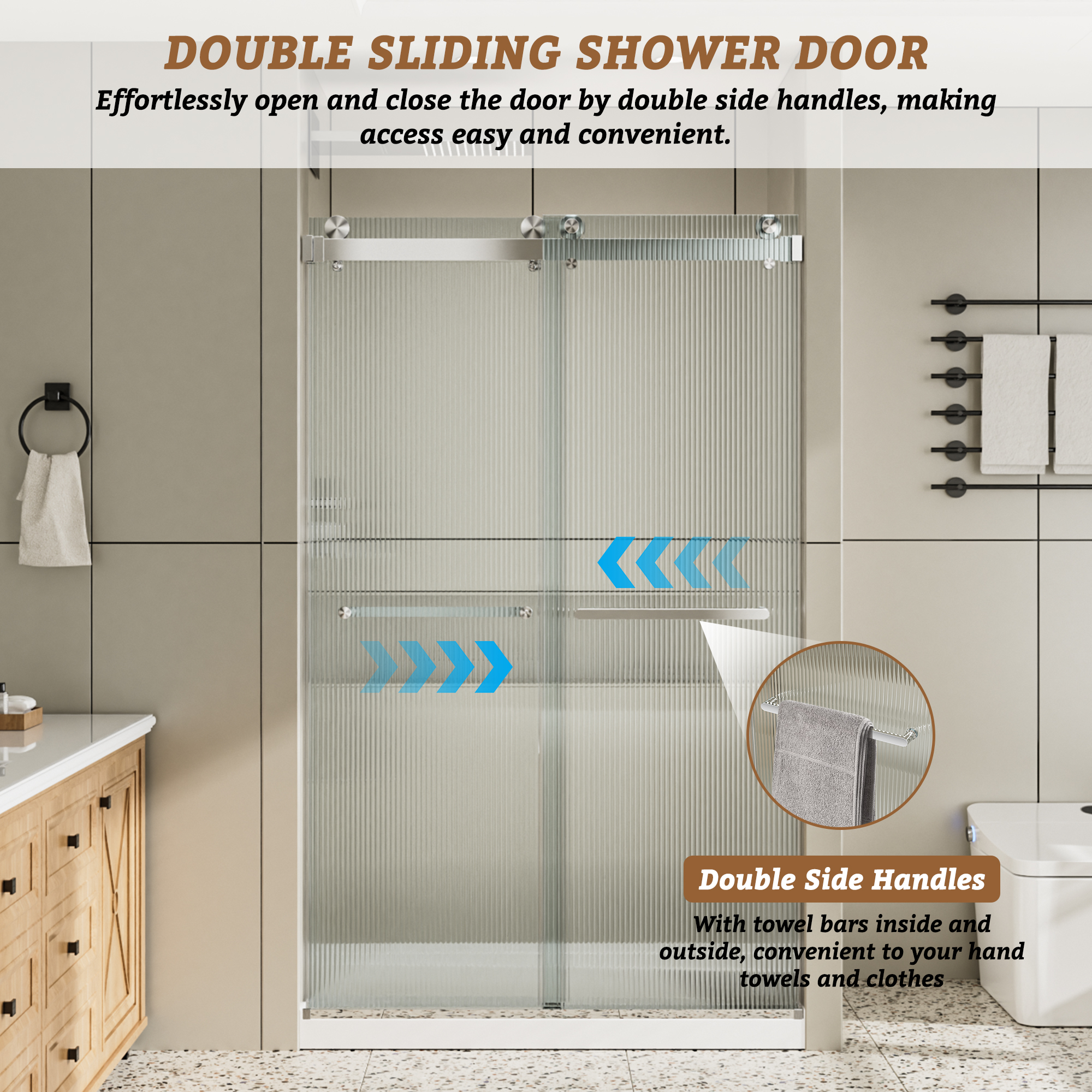 48"x76" Frameless Double Sliding Shower Door with 3/8" Fluted Glass