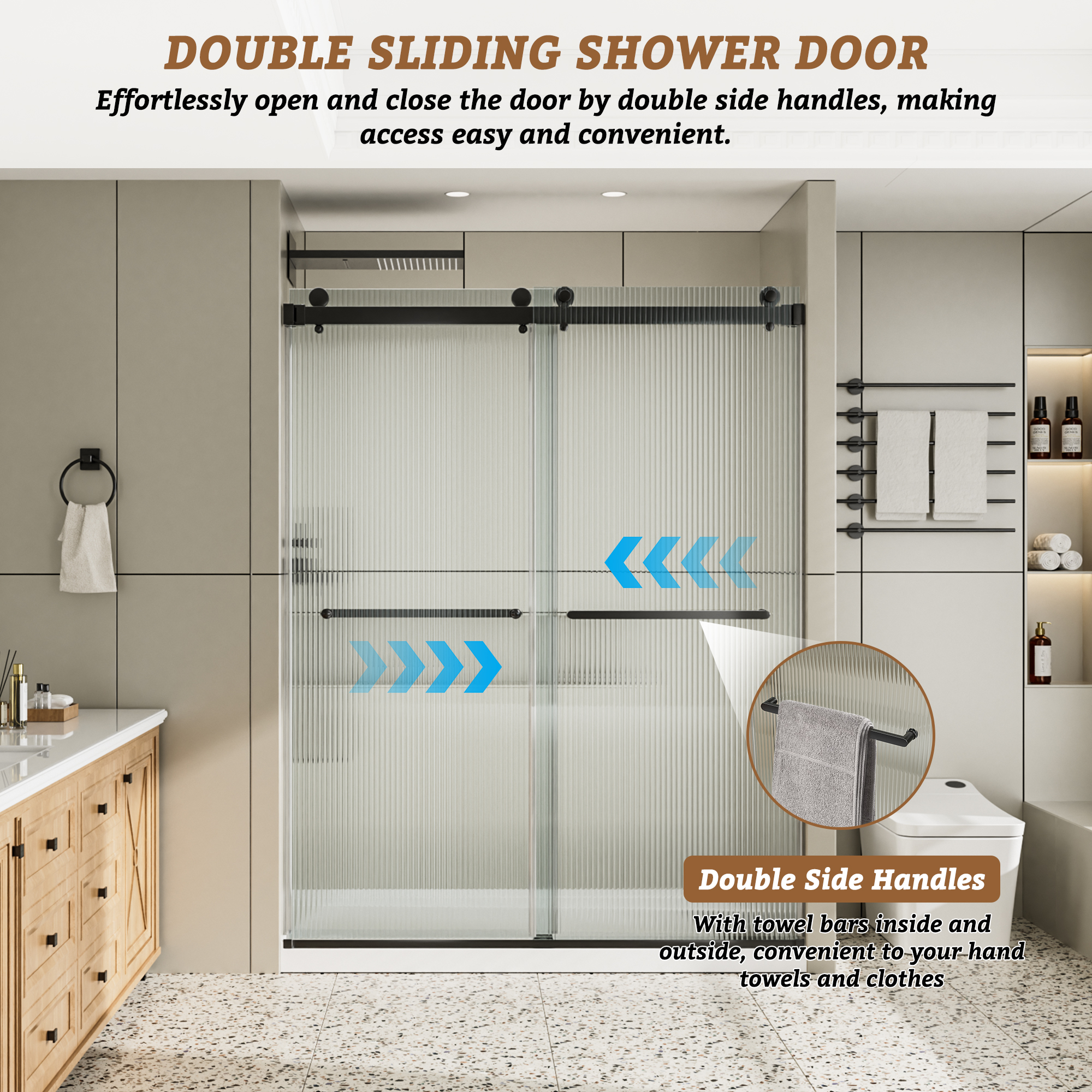 60"x76" Frameless Double Sliding Shower Door with Two Horizontal Towels