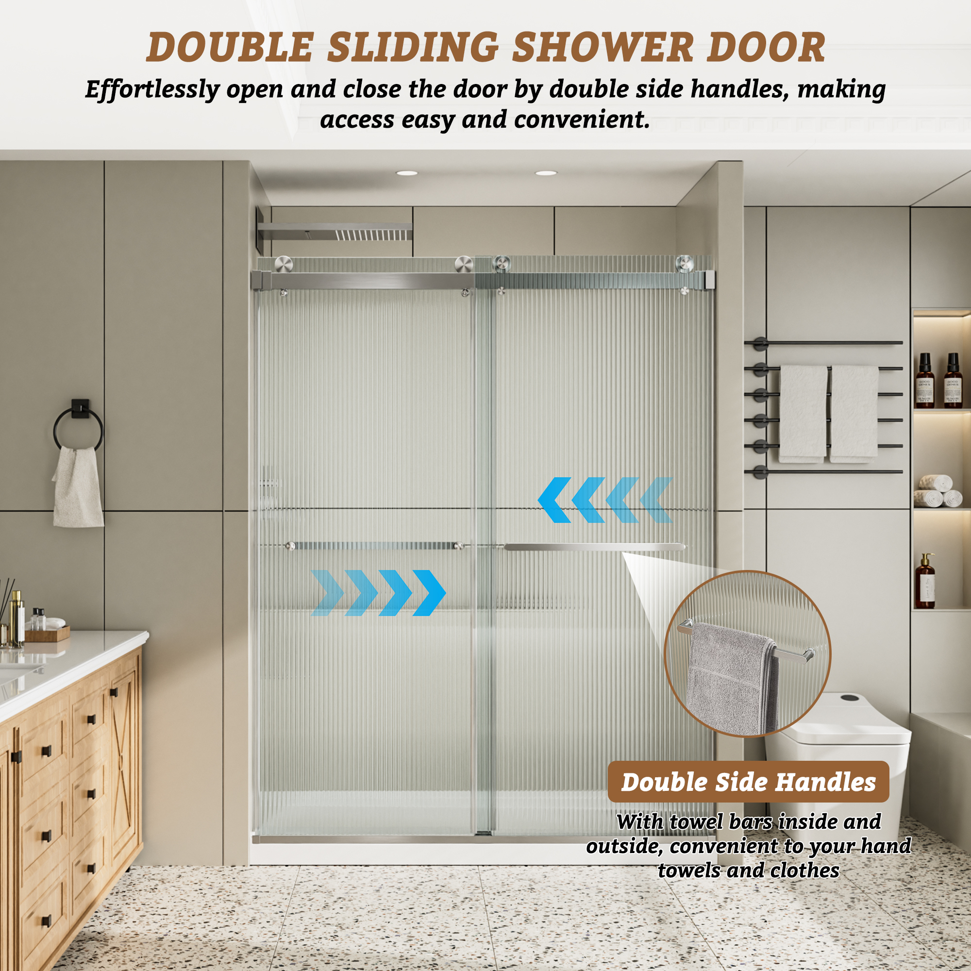 60"x76" Frameless Double Sliding Shower Door with Two Horizontal Towels