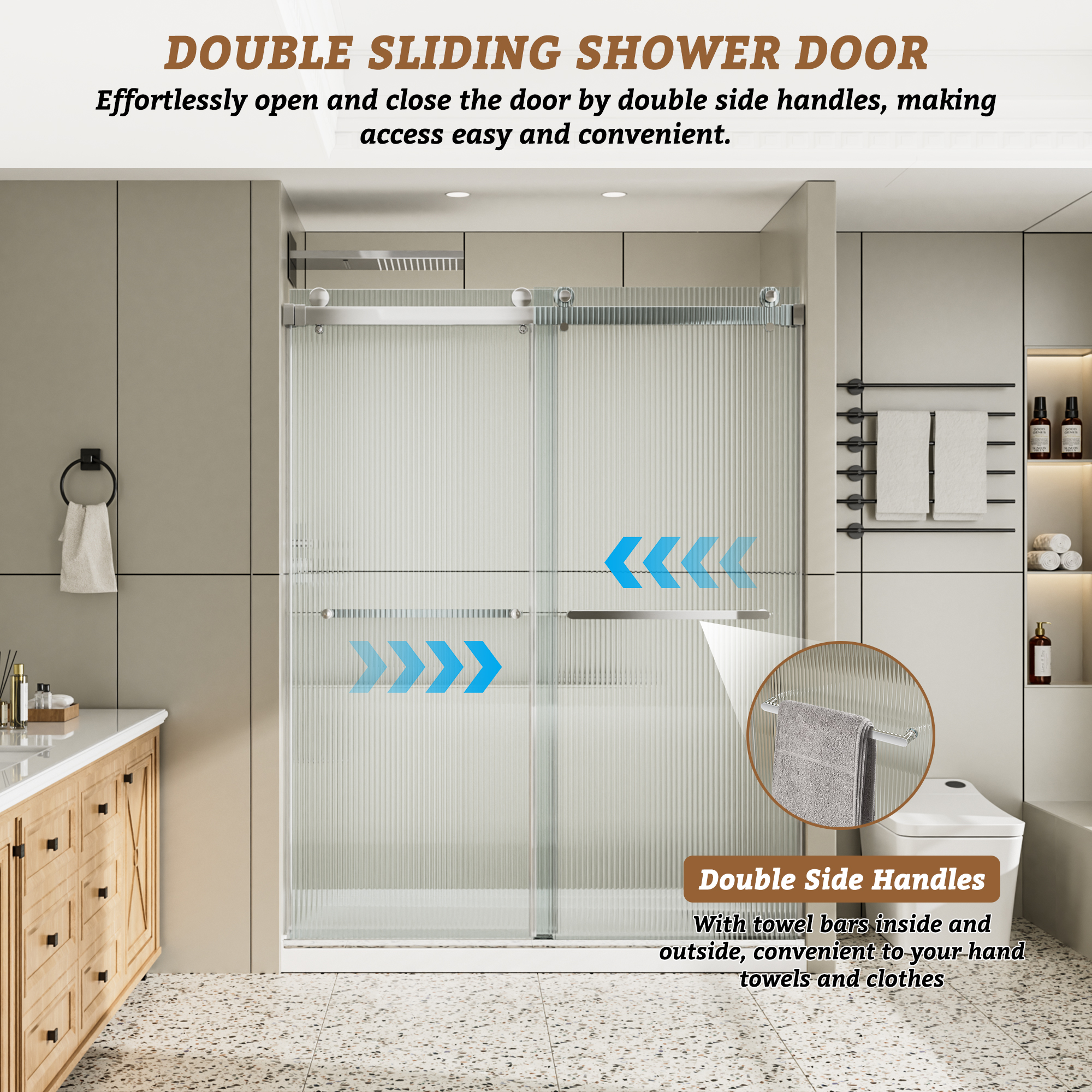 60"x76" Frameless Double Sliding Shower Door with Two Horizontal Towels