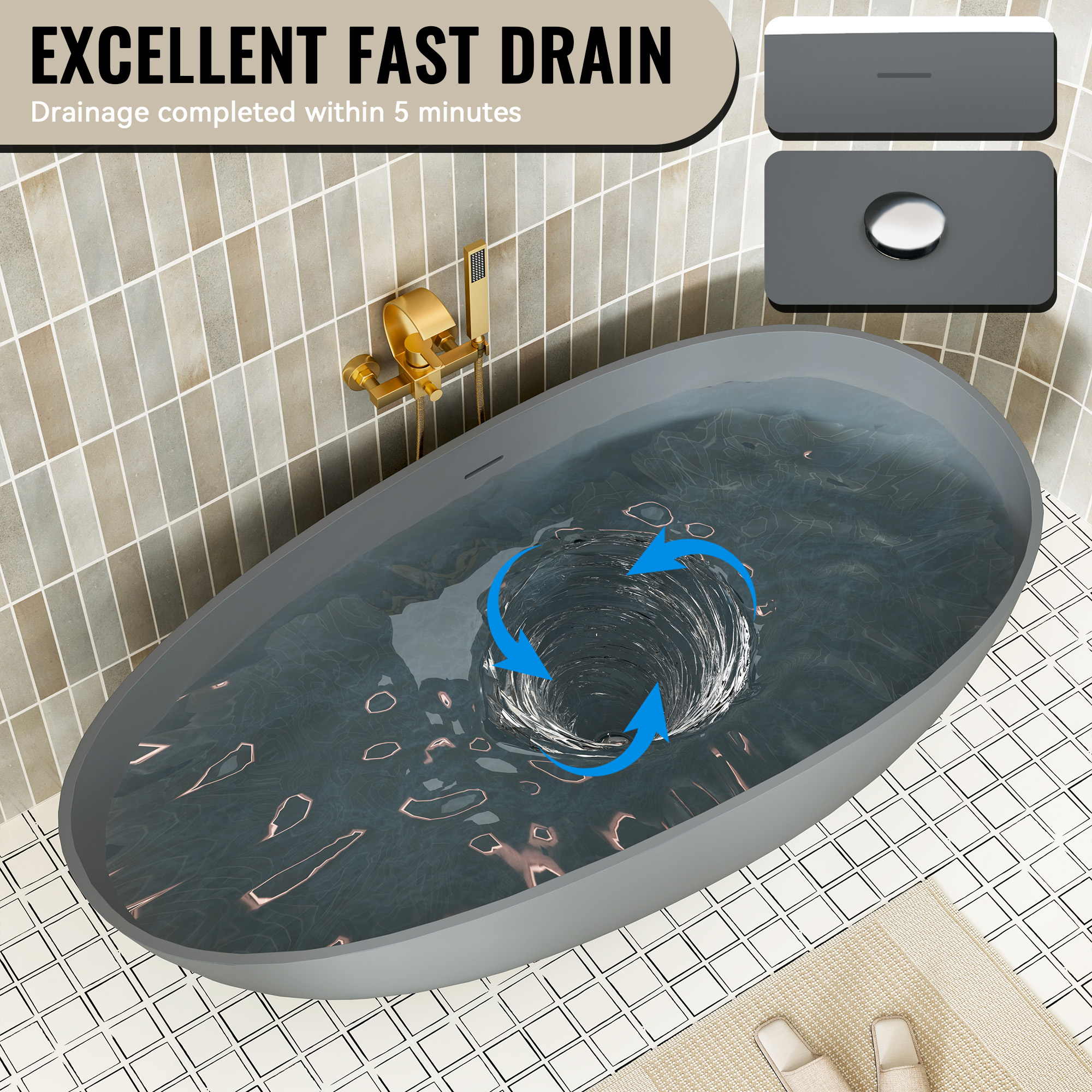 59" Non-porous Egg Shell Stone Resin Freestanding Soaking Tub Matte Black, Matte Grey - Egg Harbor