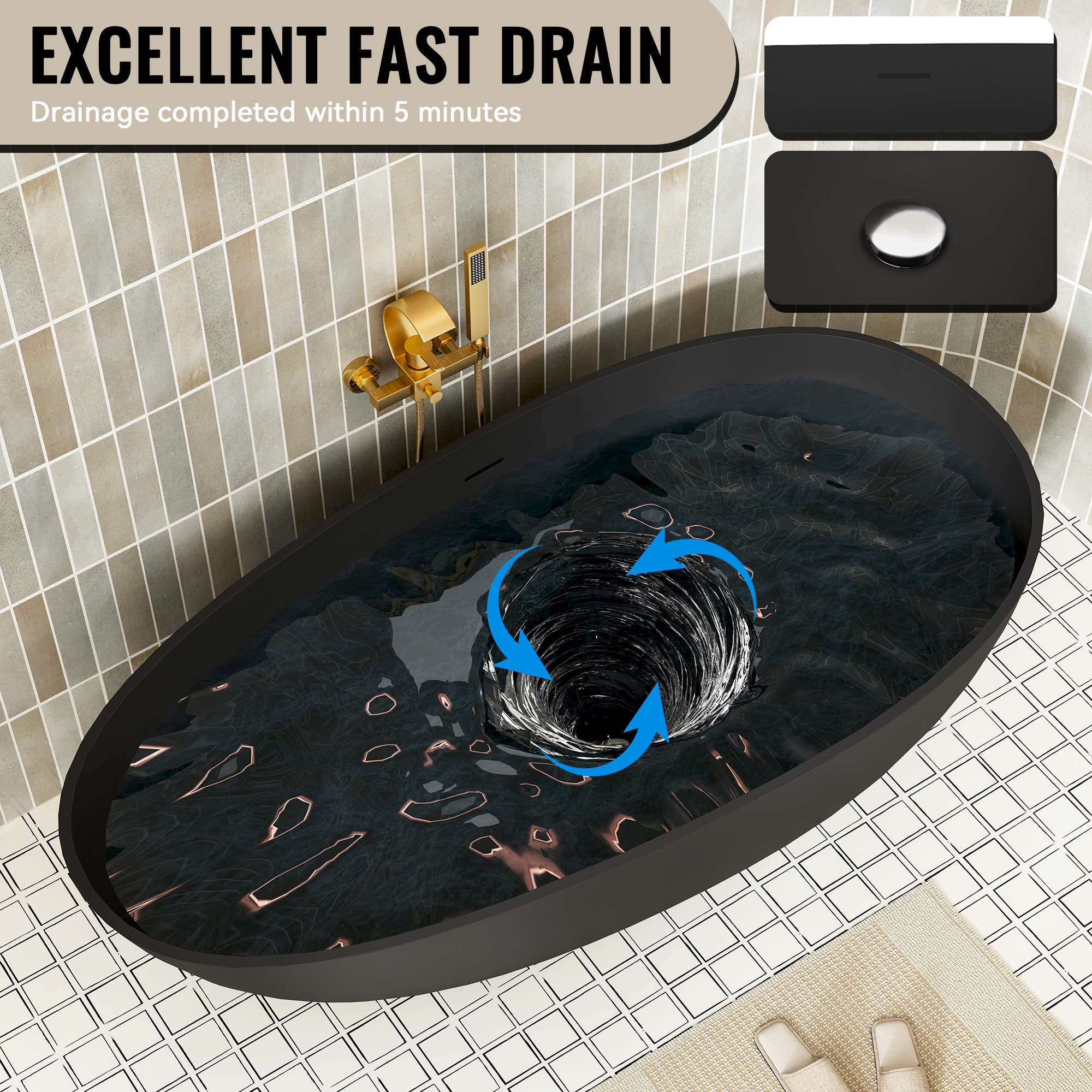 59" Non-porous Egg Shell Stone Resin Freestanding Soaking Tub Matte Black, Matte Grey - Egg Harbor