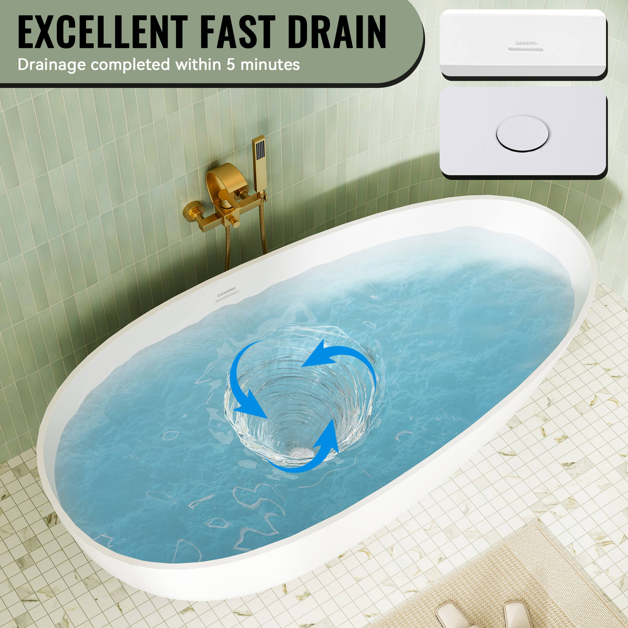 59/63/67/71" Matte White Egg Shell Stone Resin Freestanding Tub with Overflow and Drain - Egg Harbor