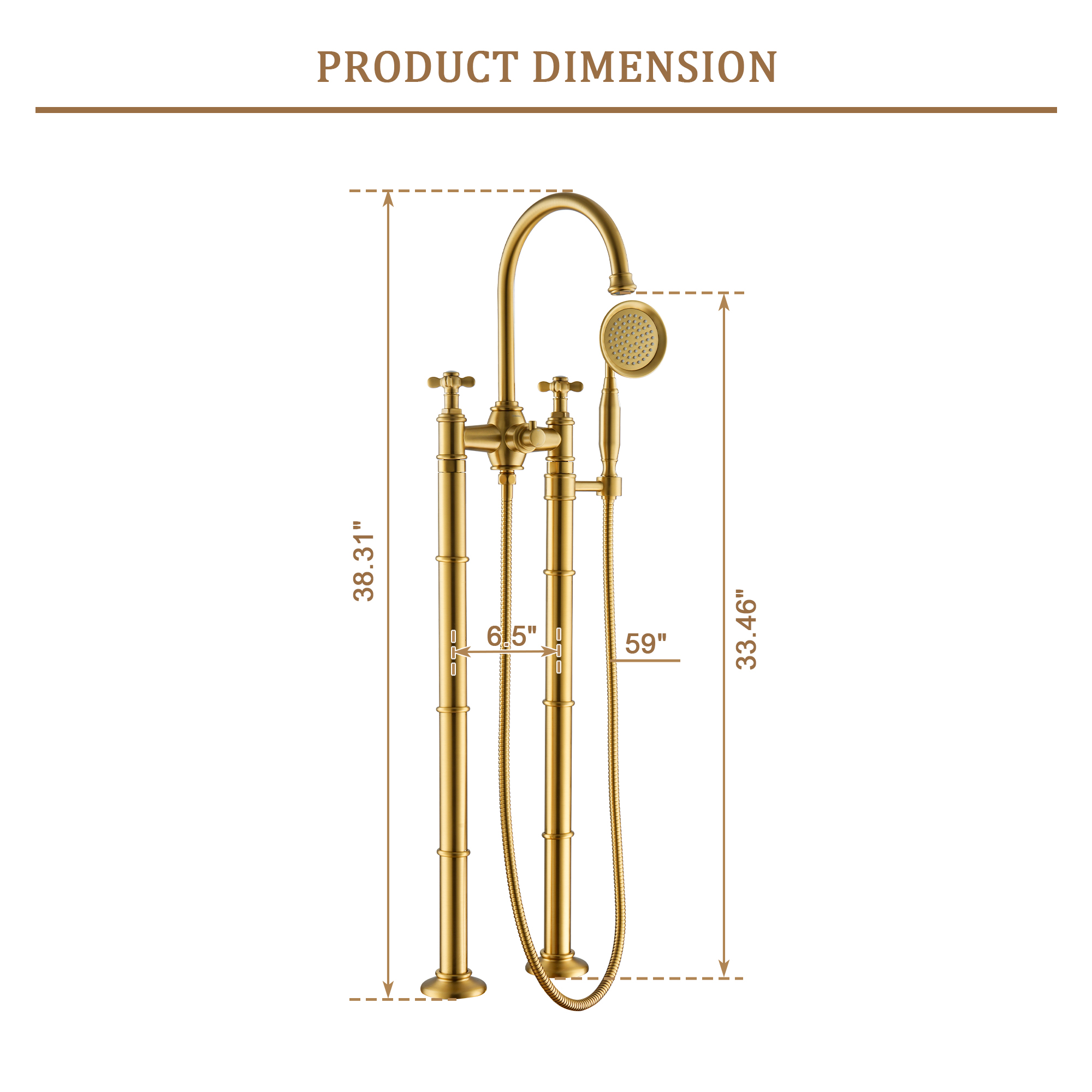 Brushed Gold Freestanding Bathtub Faucet with Hand Shower - DANUBE