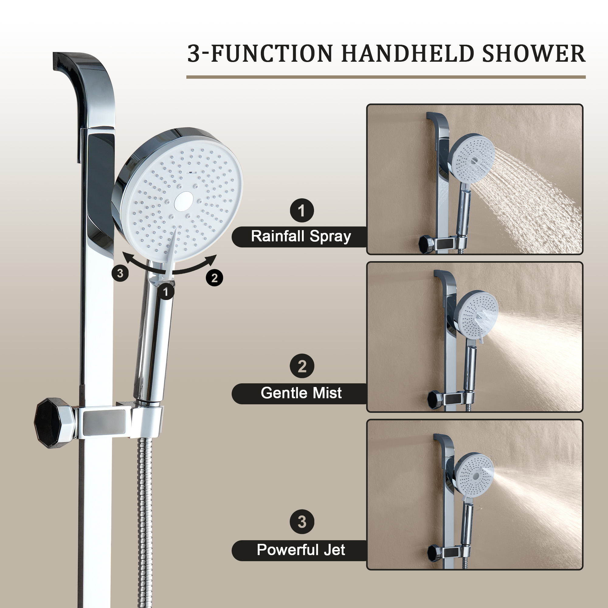 12" Rainfall Thermostatic Shower System with 3-Function Hand Shower - OCTAGON