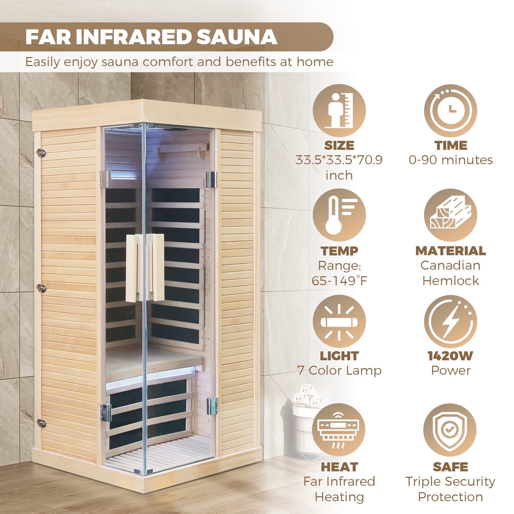 1-Person Home Infrared Sauna with Quick Assembly and Bluetooth Audio & LED Lights