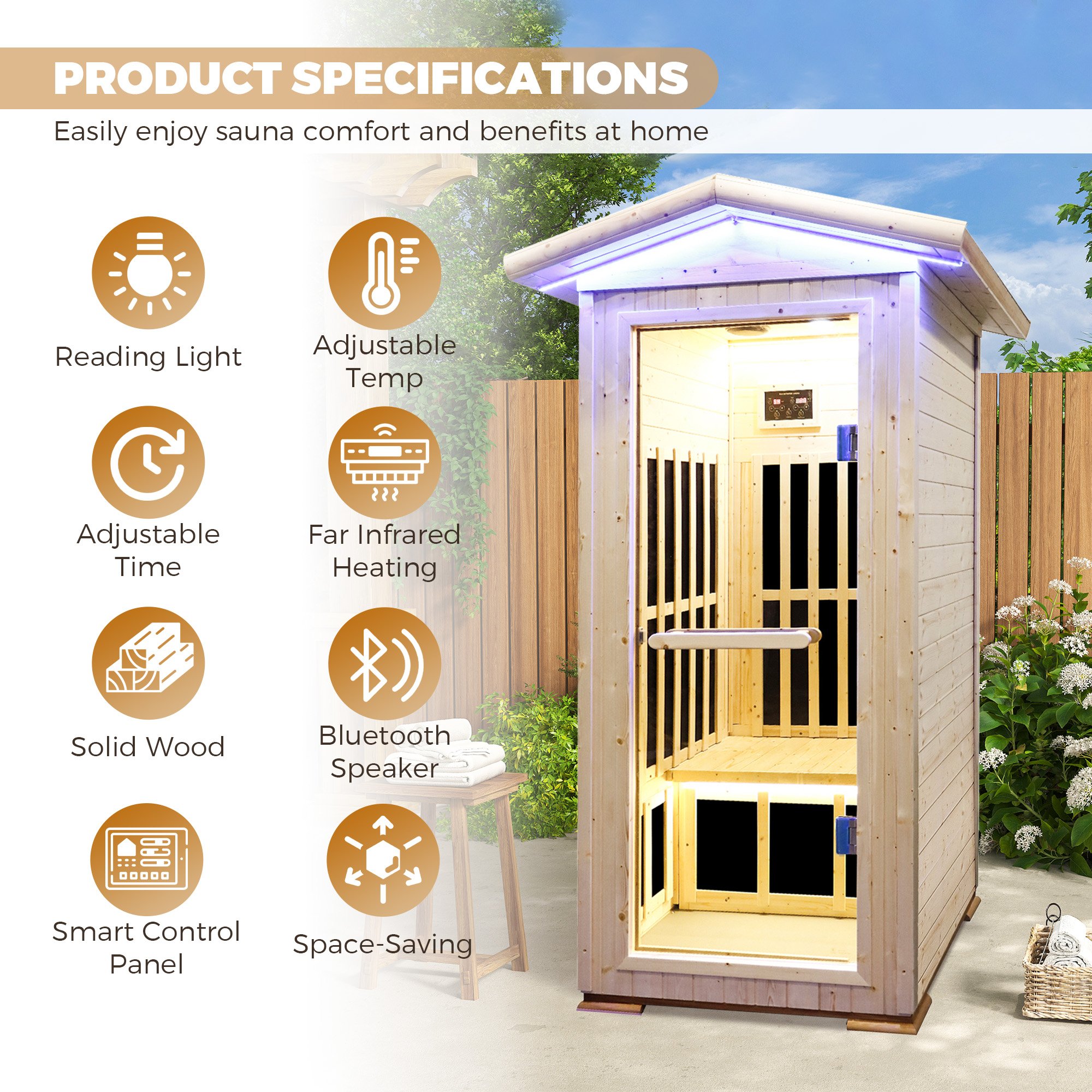 1-Person Spruce Outdoor Infrared Sauna with Bluetooth & Ambient Lighting