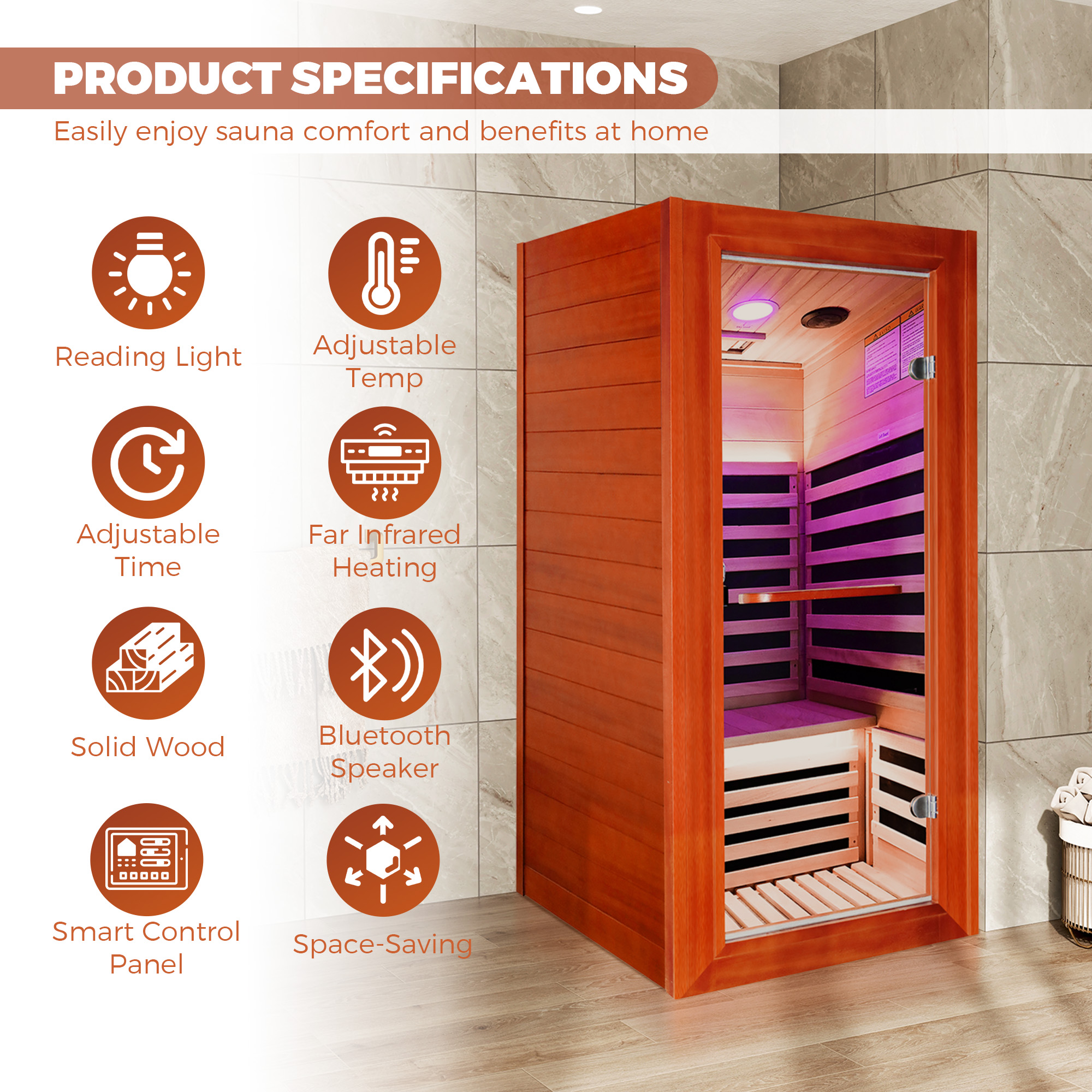 1-Person Infrared Sauna with Bluetooth Speakers and LED Reading Lights
