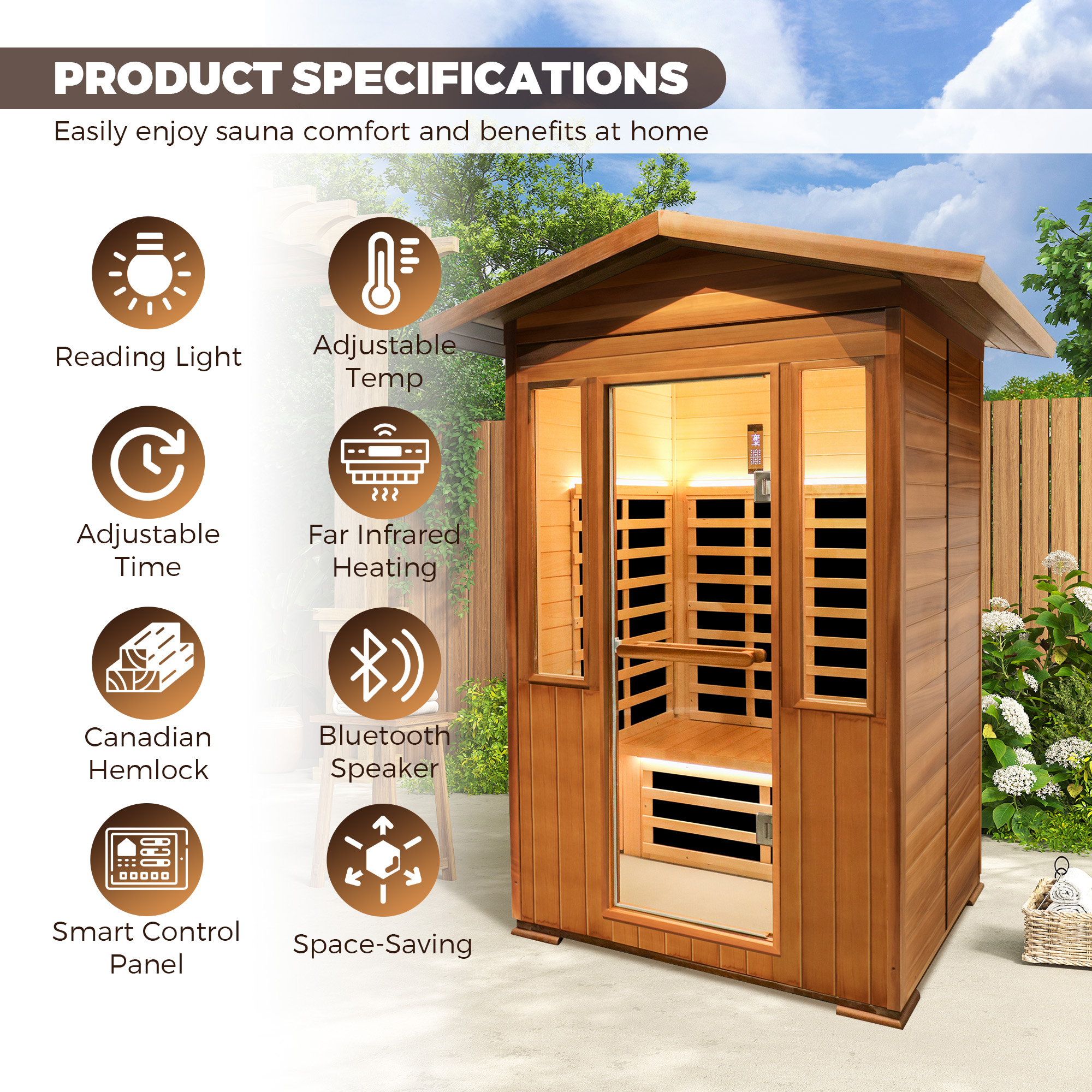 Peak Roof Outdoor Red Cedar Infrared Sauna with Bluetooth & Lighting