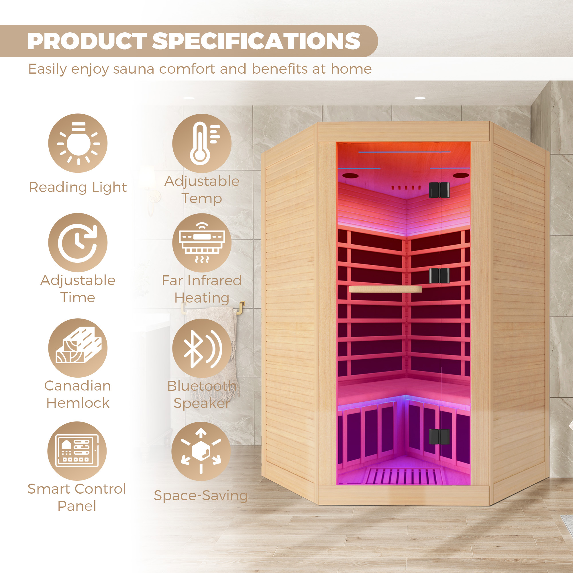 Canadian Hemlock 2-Person Infrared Corner Sauna with Chromotherapy & Bluetooth
