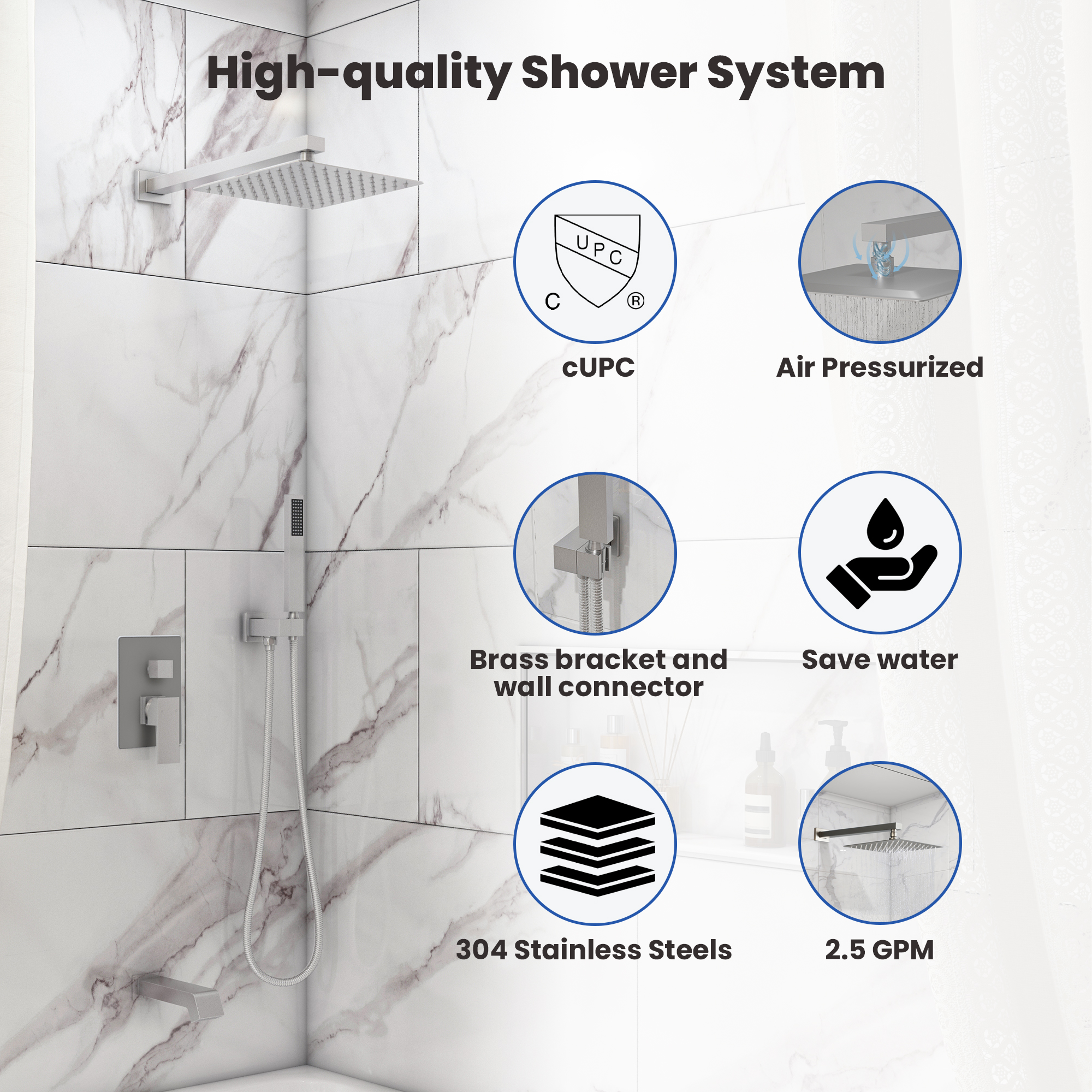 10" Three Function Pressure Balance Shower System with Valve Included