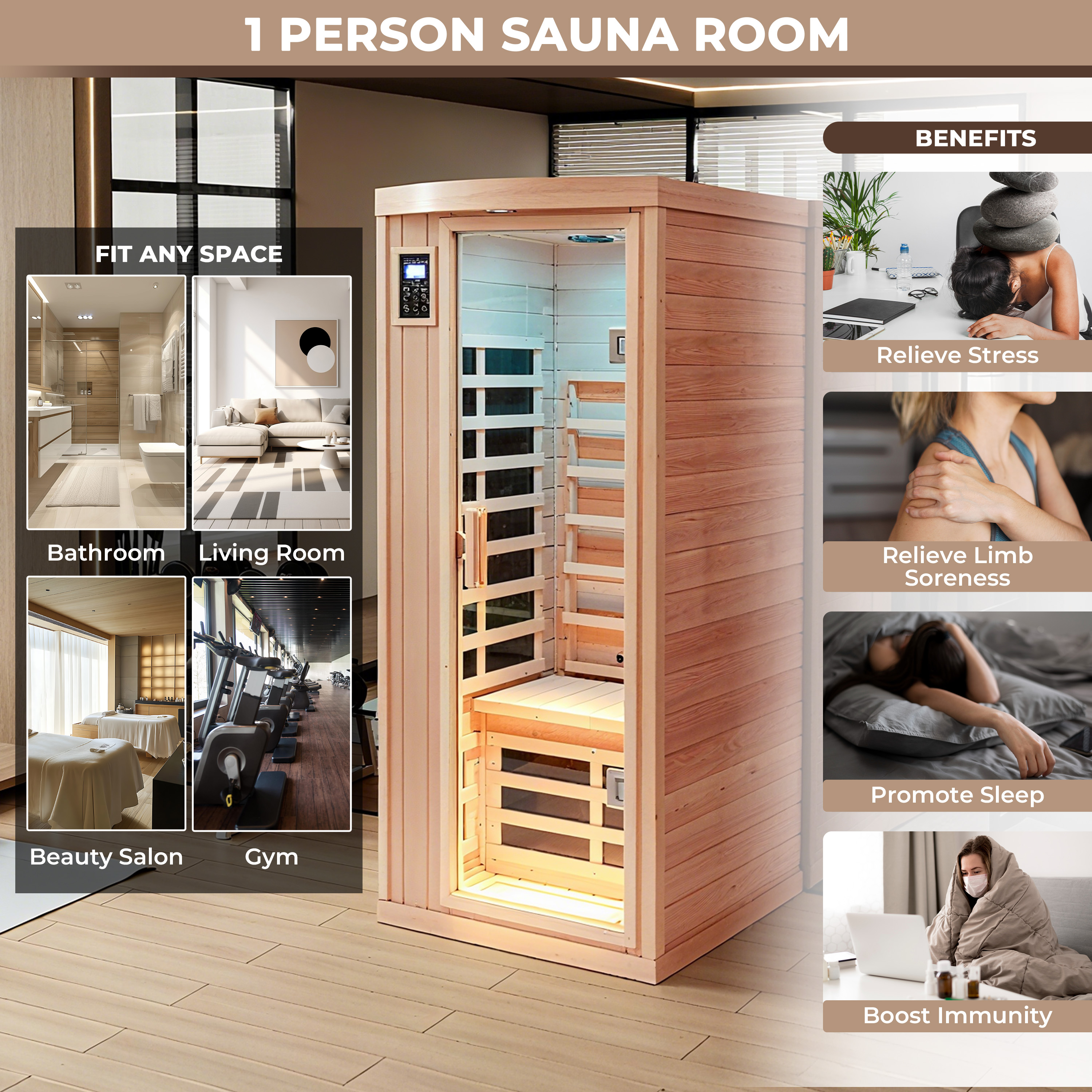 1-Person Low-EMF Hemlock Infrared Sauna with Bluetooth & Lights