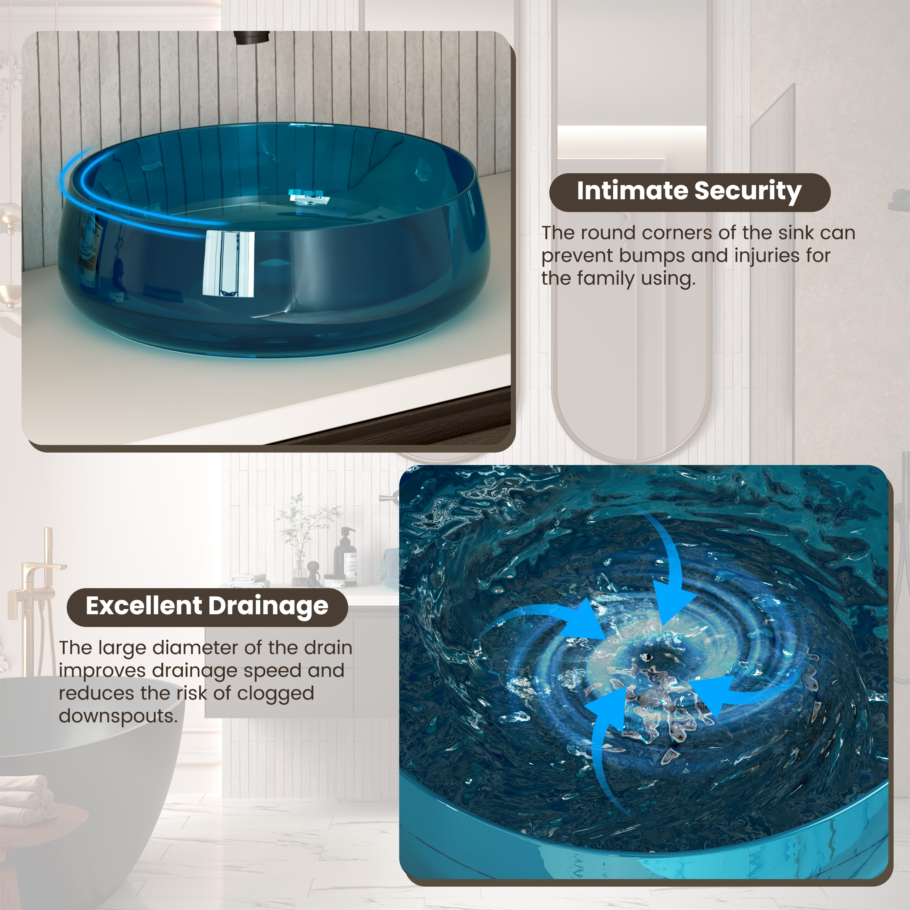 17.7" Round Transparent Resin Bathroom Vessel Sink with Drainer