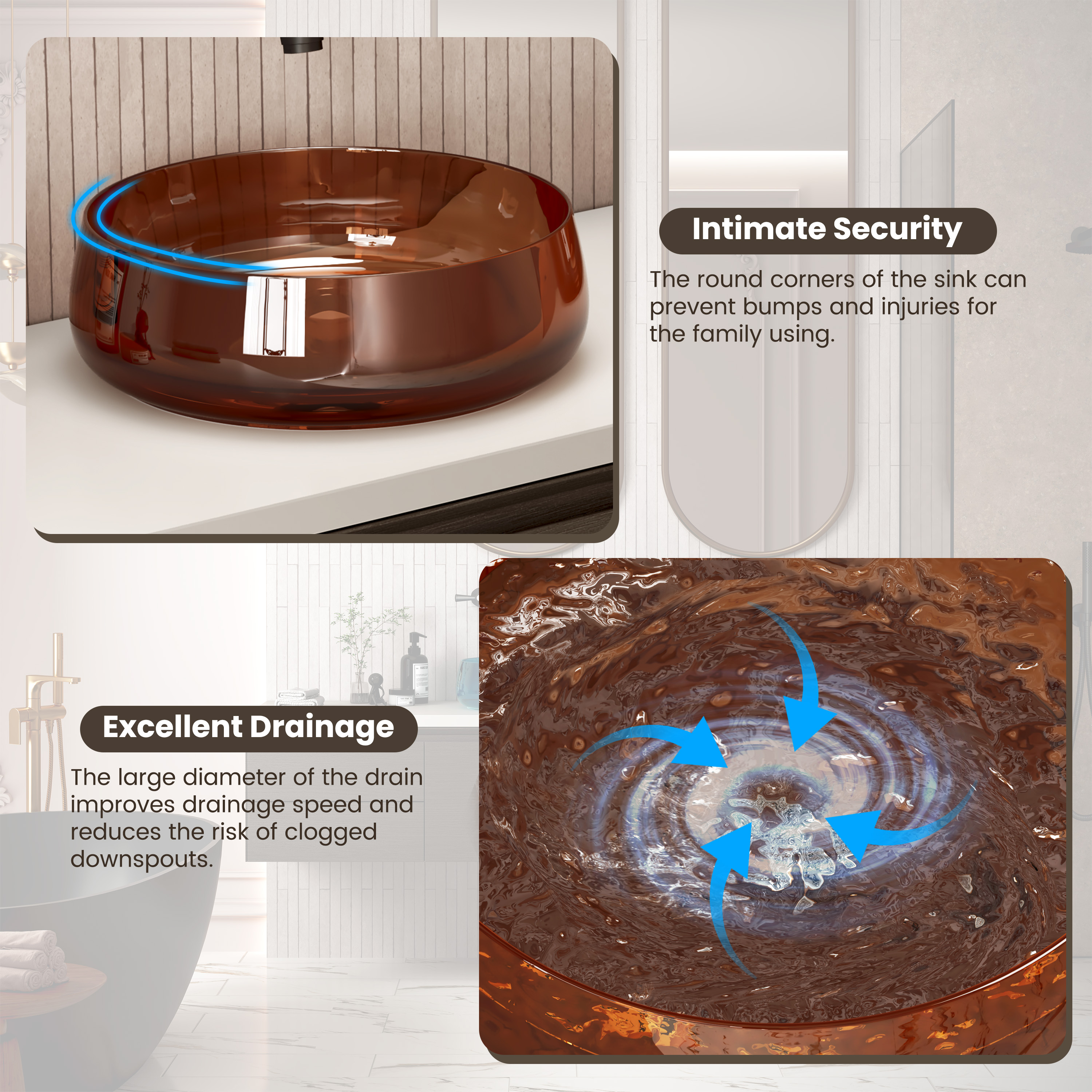 17.7" Round Transparent Resin Bathroom Vessel Sink with Drainer