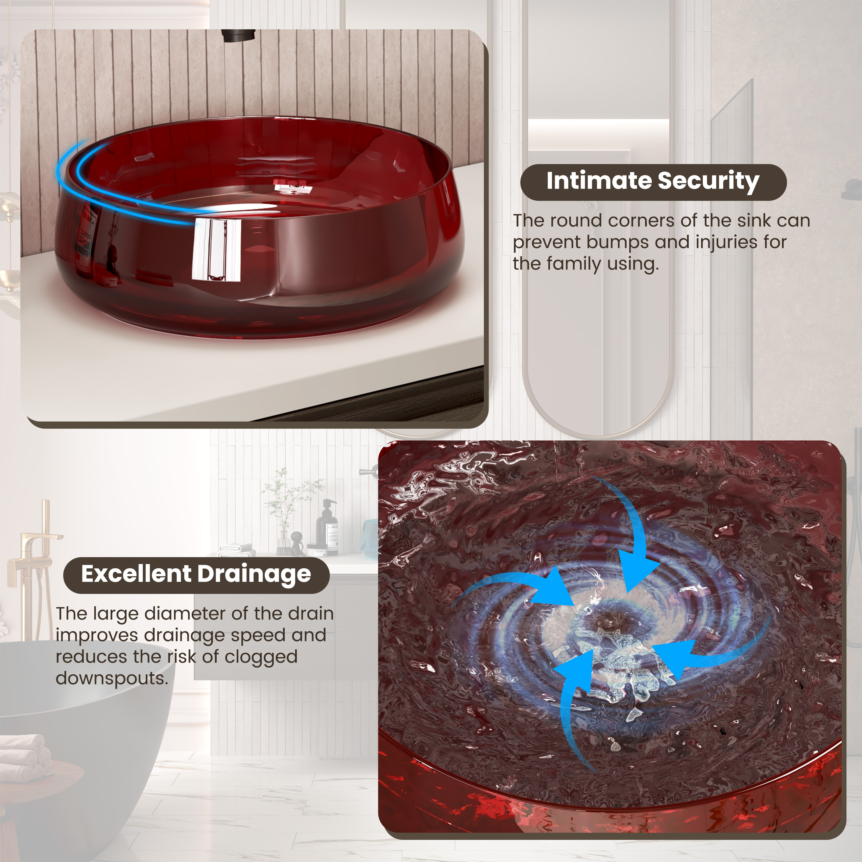 17.7" Round Transparent Resin Bathroom Vessel Sink with Drainer