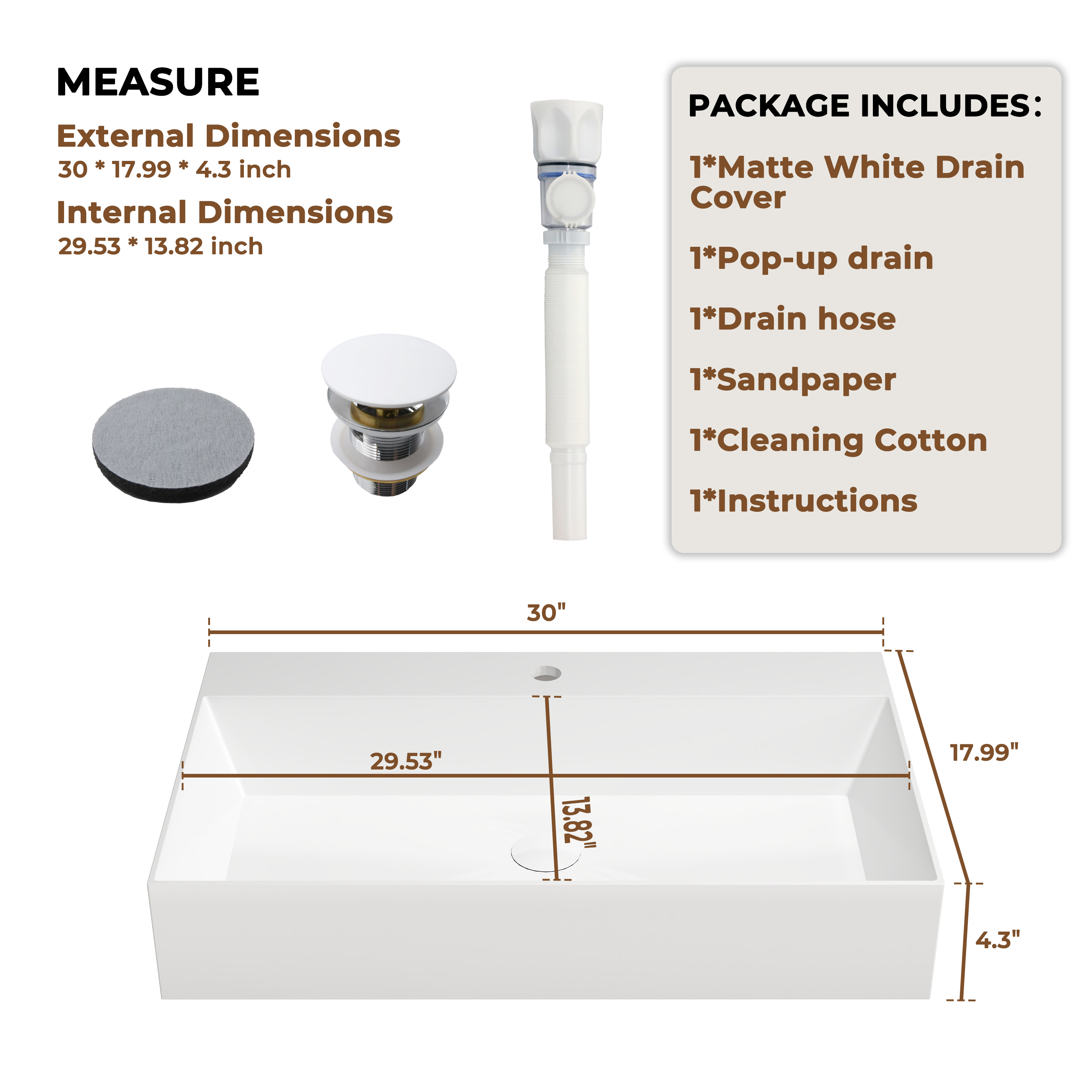 30"/42" Solid Surface Sink Wall Mount Stone Resin Bathroom Sink