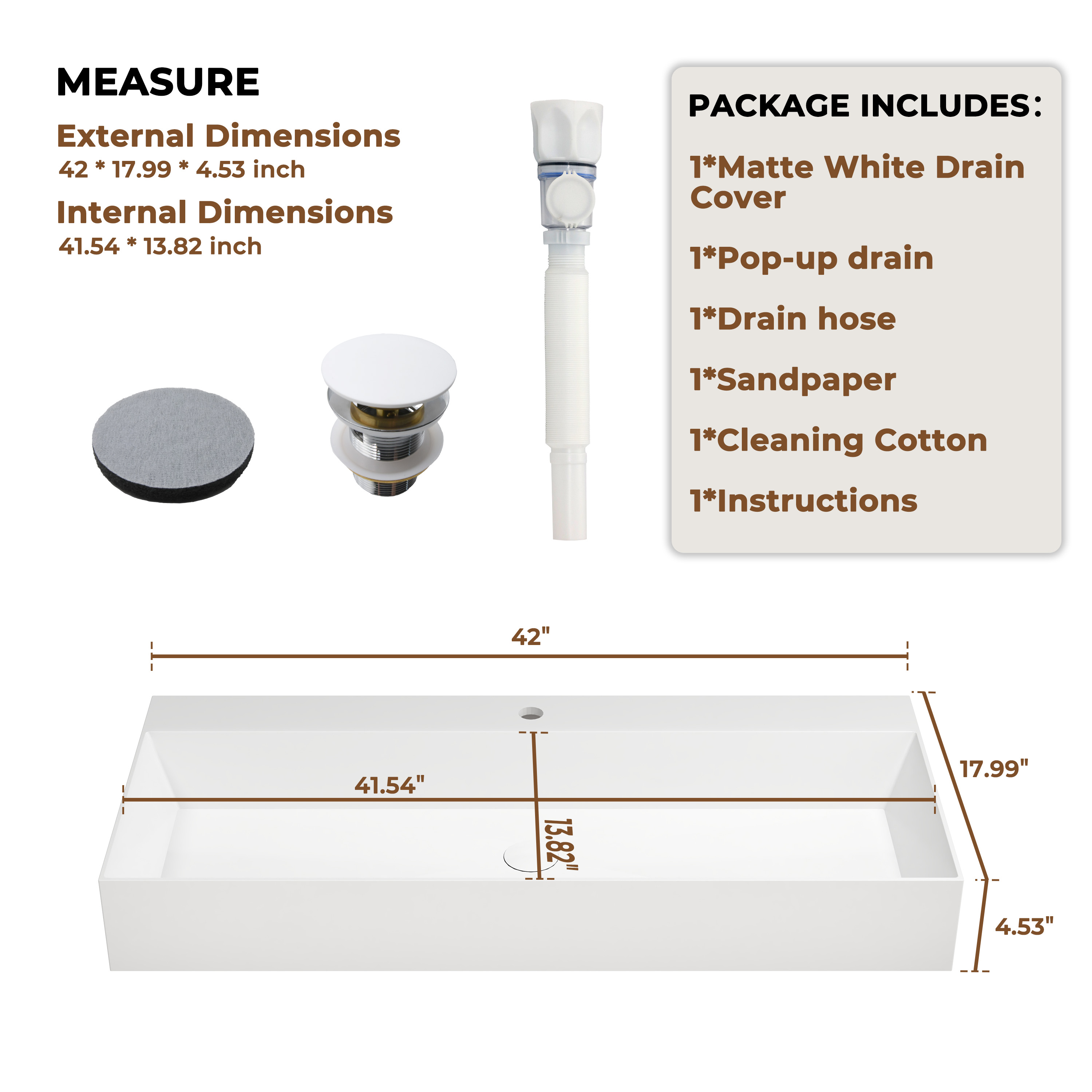30"/42" Solid Surface Sink Wall Mount Stone Resin Bathroom Sink