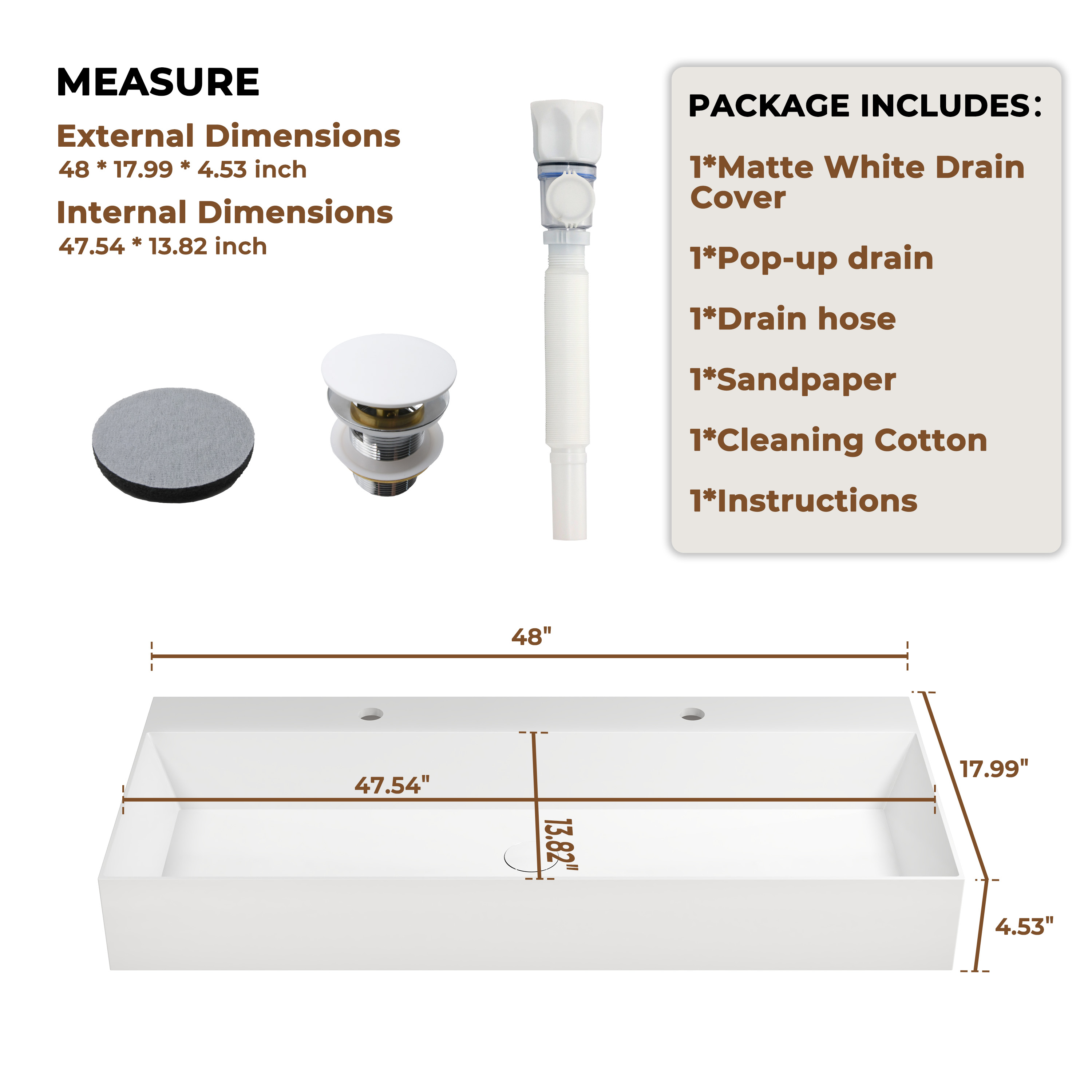48" Wall Mounted Solid Surface Sink with 2 Faucet Holes