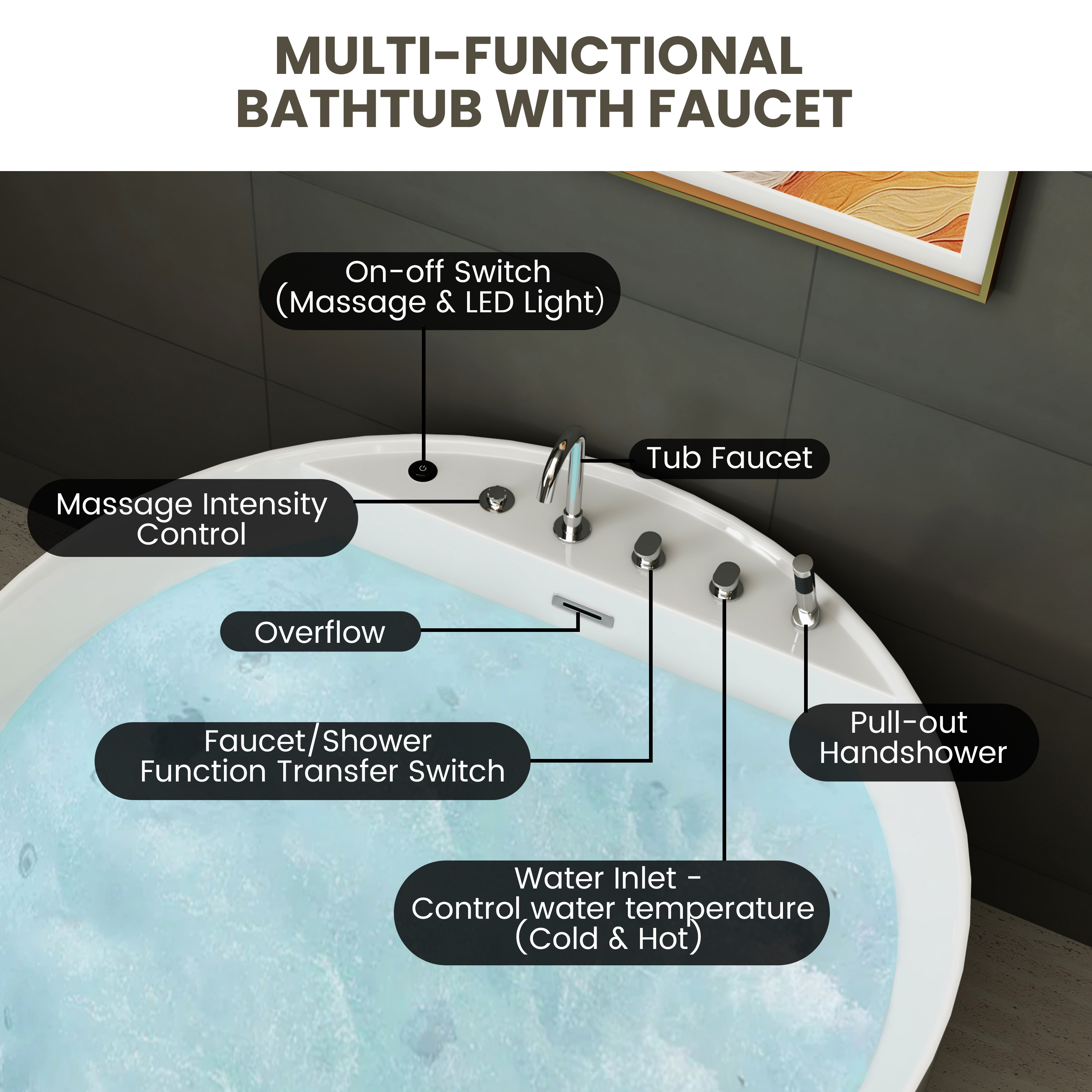 49" Modern Freestanding Whirlpool Bathtub with LED Mood Light & Hydro Massage Jets