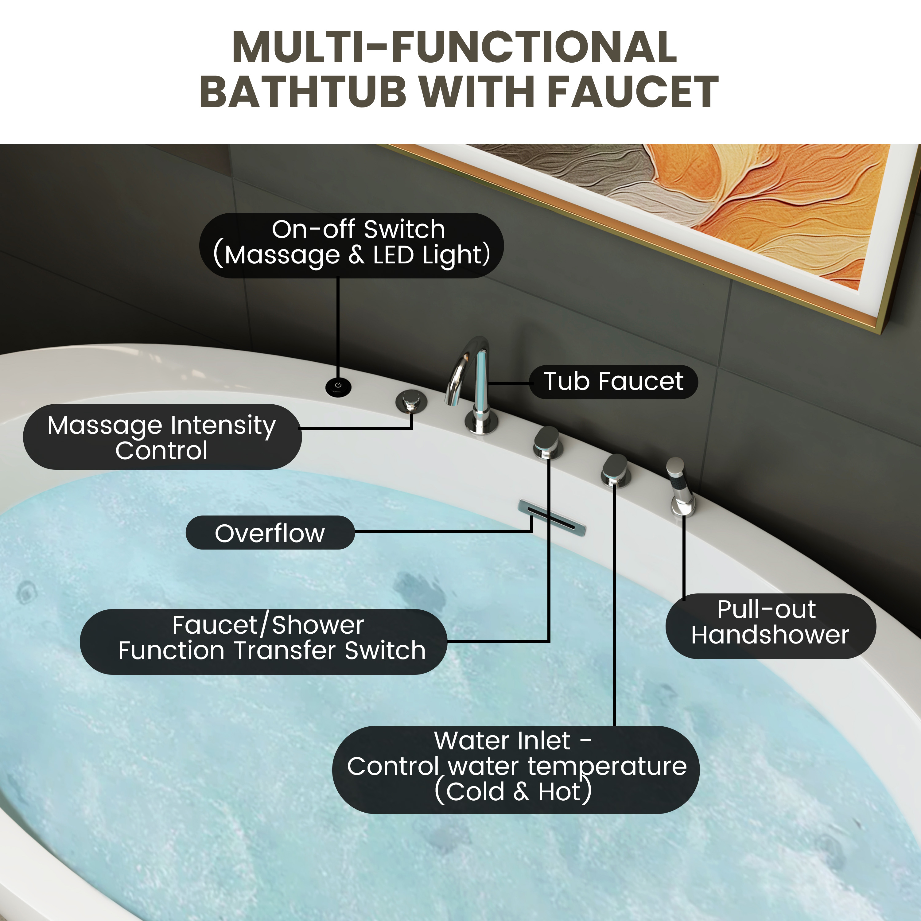 71" Minimalist Massage Freestanding Bathtub with LED Mood Light & Ergonomic Deep Soak
