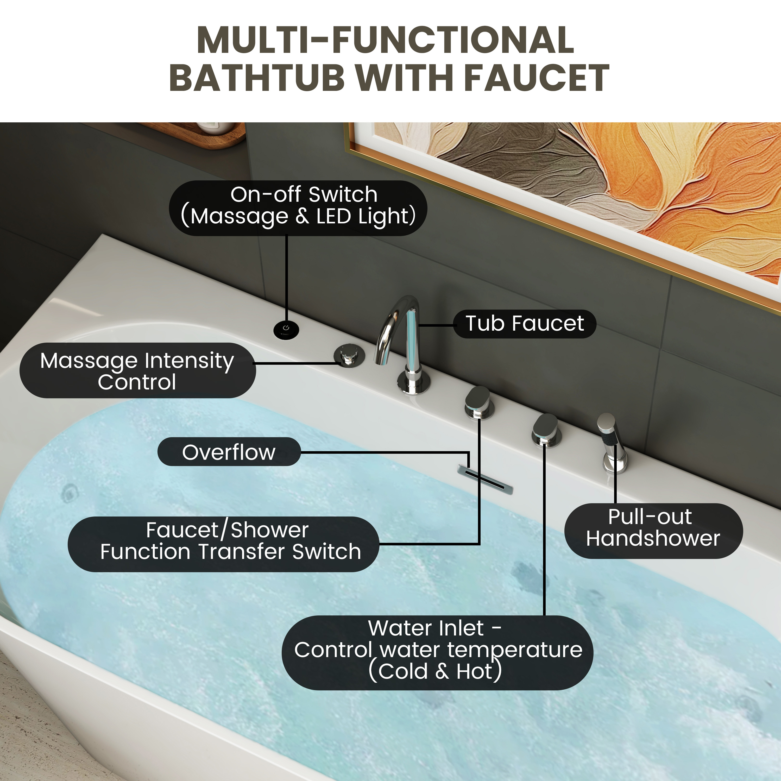 63" Acrylic Freestanding Whirlpool Bathtub with 6 Jets and 7-Color LED Light