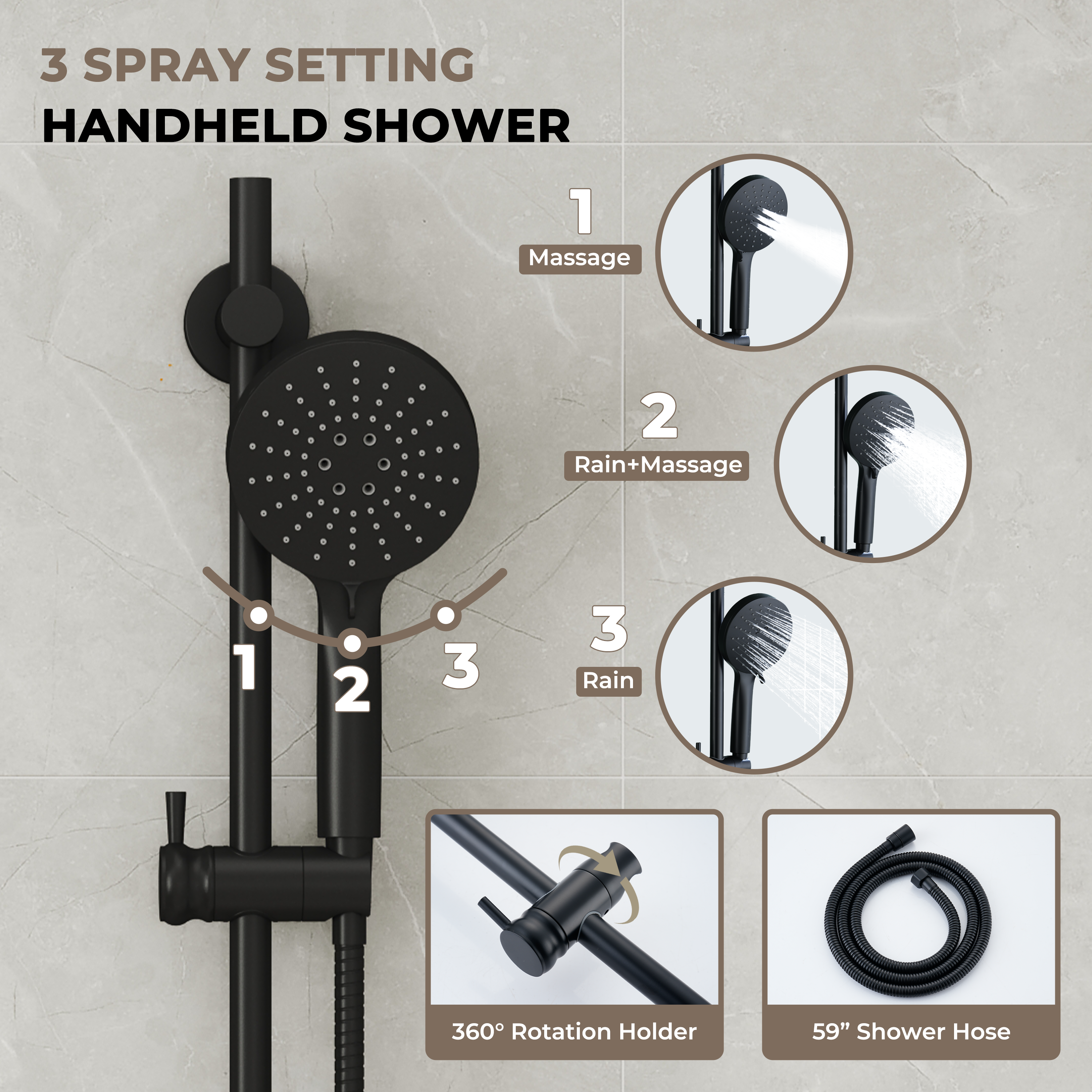 8-inch 3-Function Dual Shower Head System with 6 Spray Modes and Slide Bar