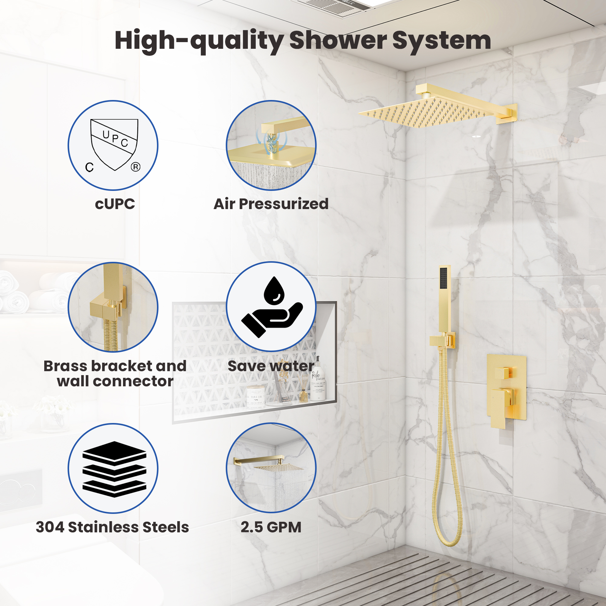 10" Square Brass Shower System with Handheld Shower and Pressure Balance Valve