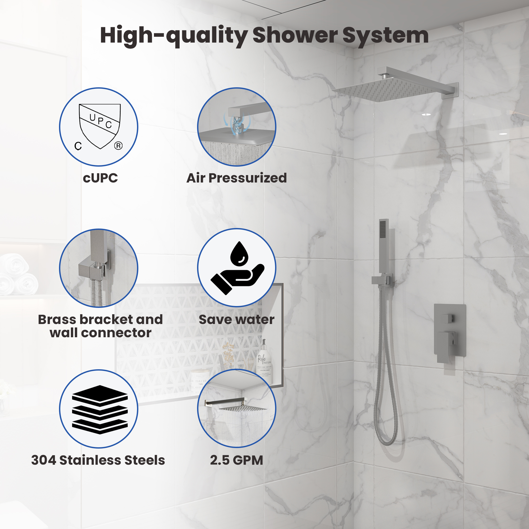 10" Square Brass Shower System with Handheld Shower and Pressure Balance Valve