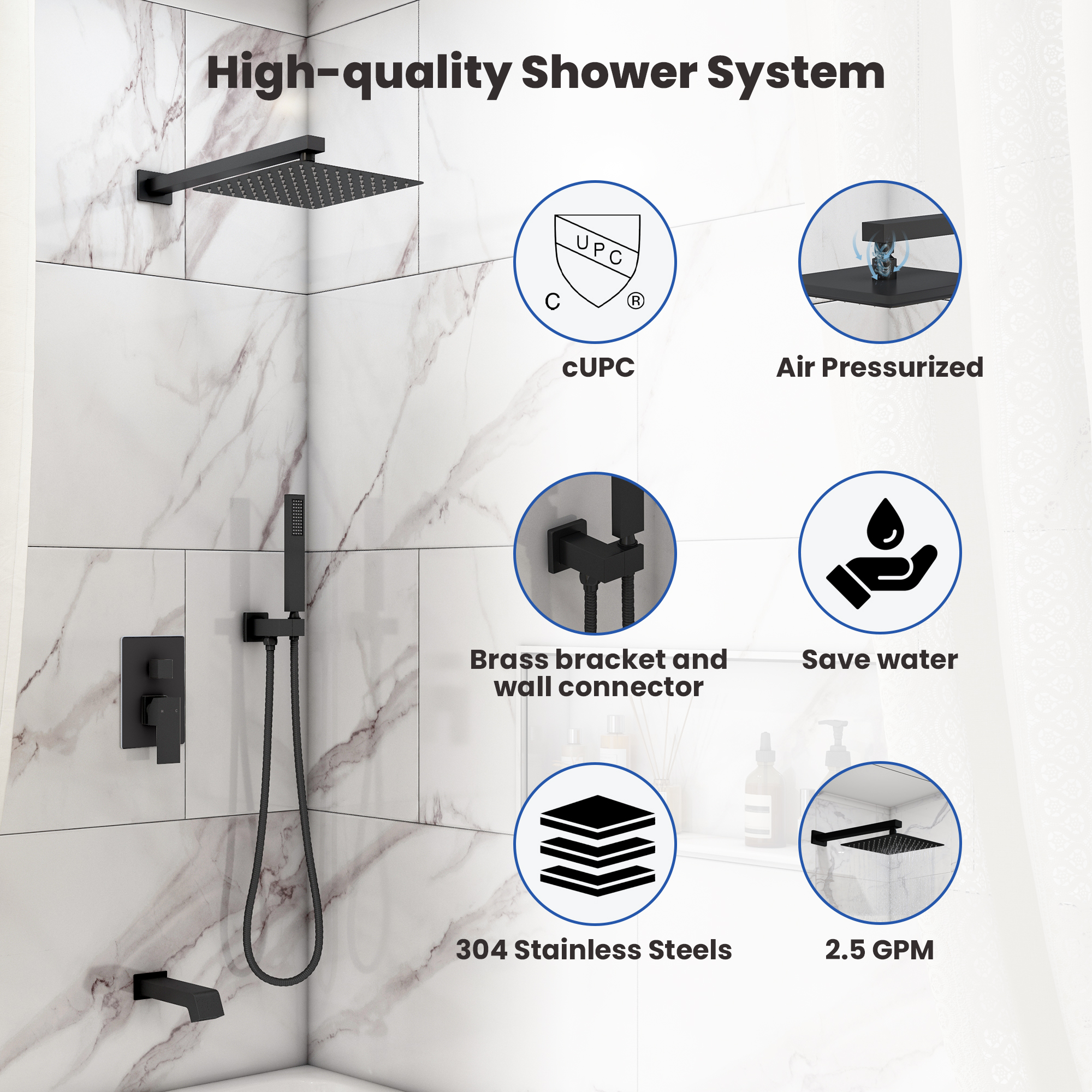 10" Three Function Pressure Balance Shower System with Valve Included