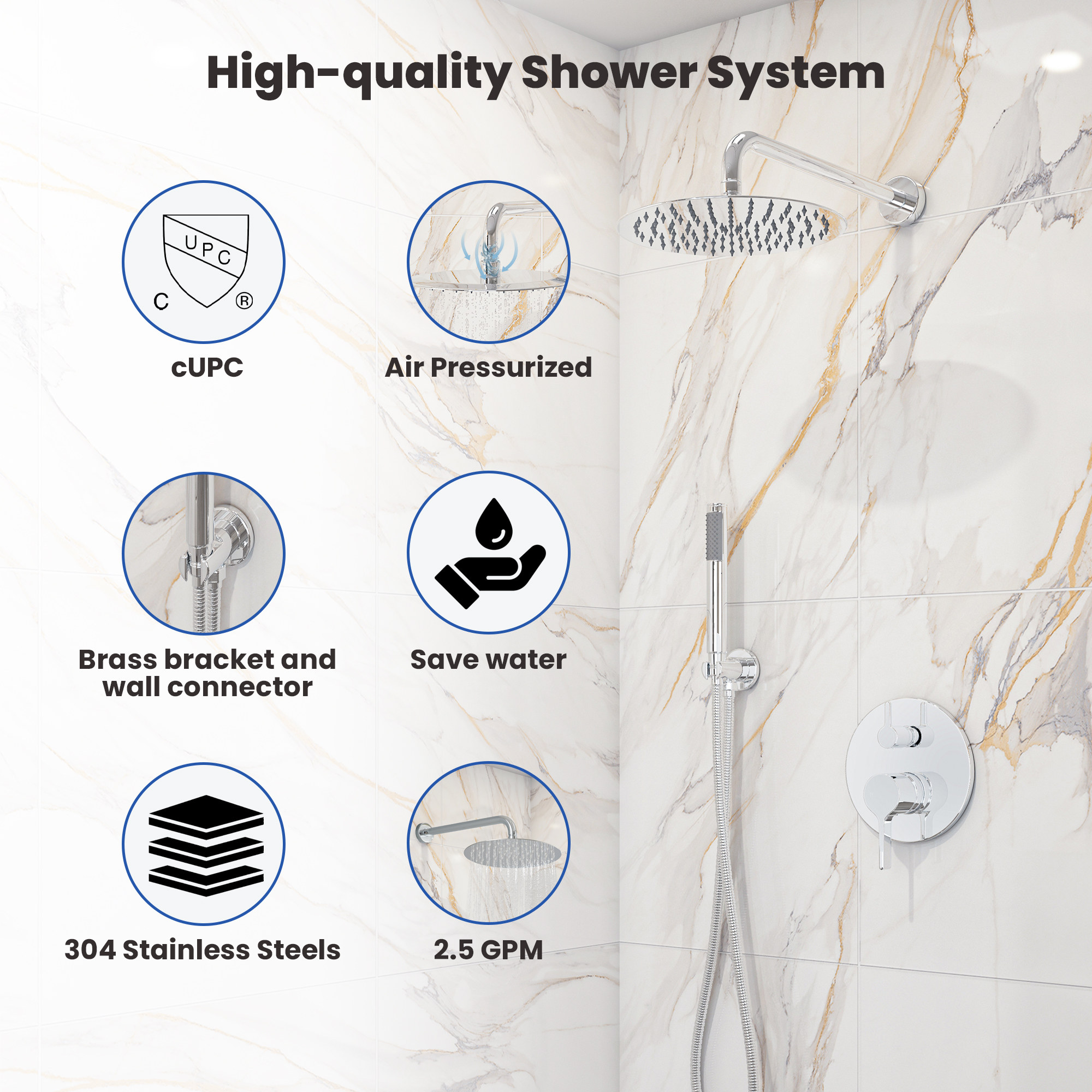 10" Round Shower System with Handheld Brass Showerhead