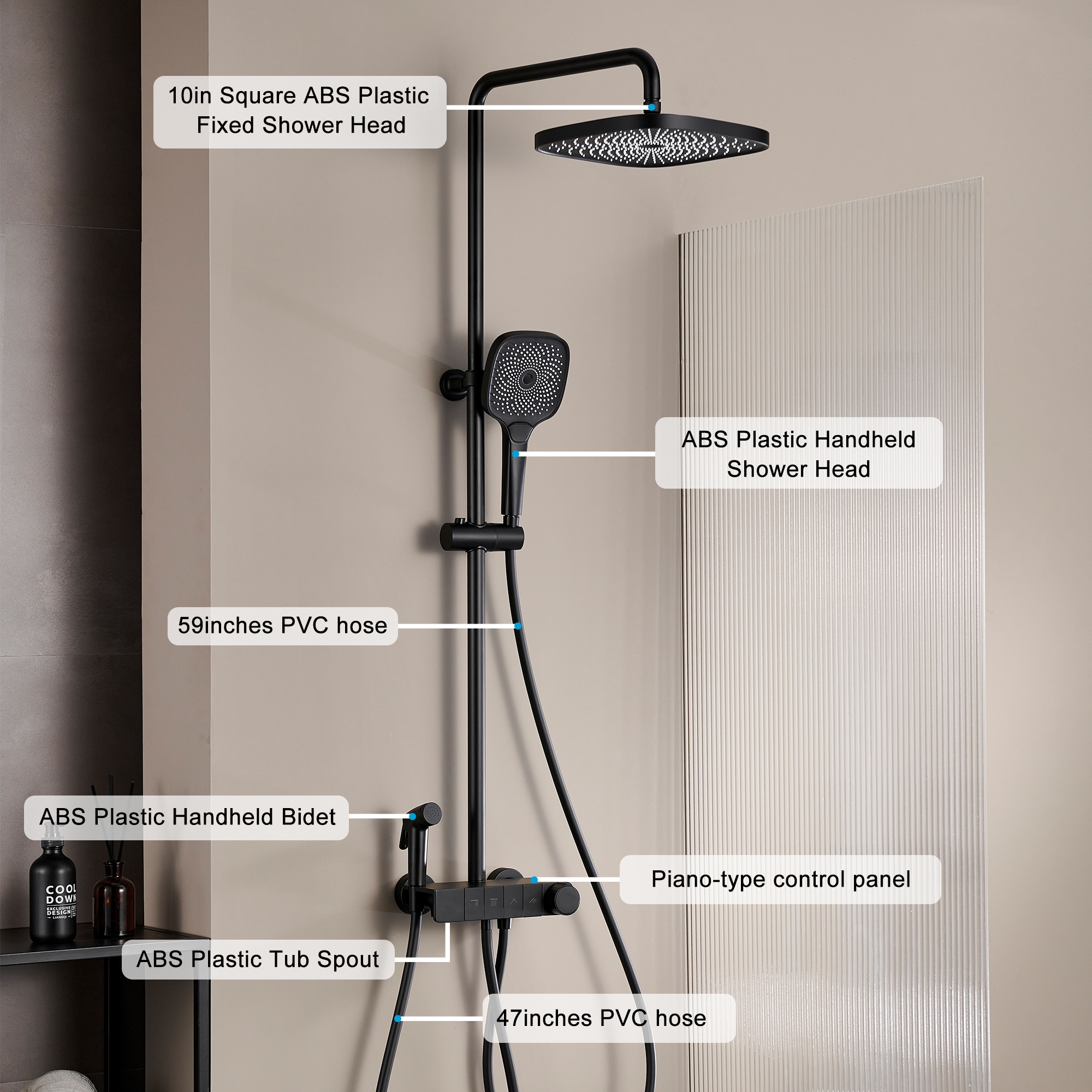 10-inch 4-Function Thermostatic Exposed Shower System with Tub Spout & Handheld Bidet