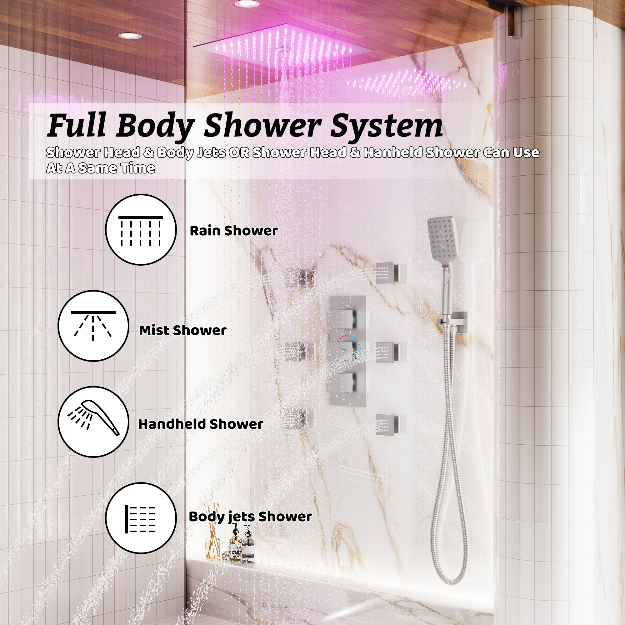 Thermostatic 4-Function LED Luxury Shower System with 12" Rainfall Showerhead