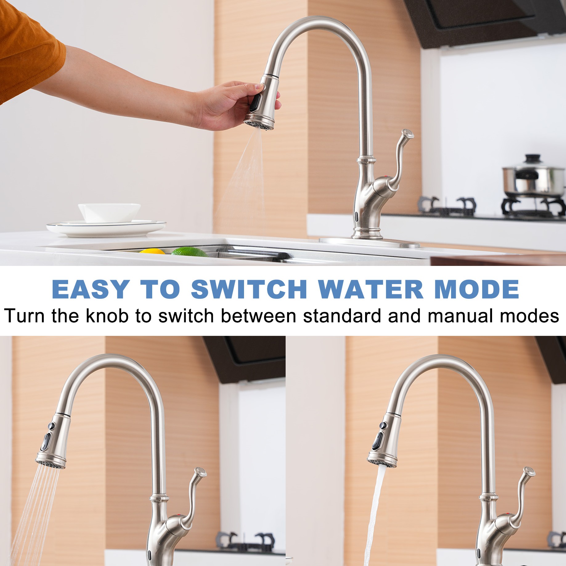 3-Spray Patterns 1.8 GPM Touchless Pull Down Sprayer Kitchen Faucet