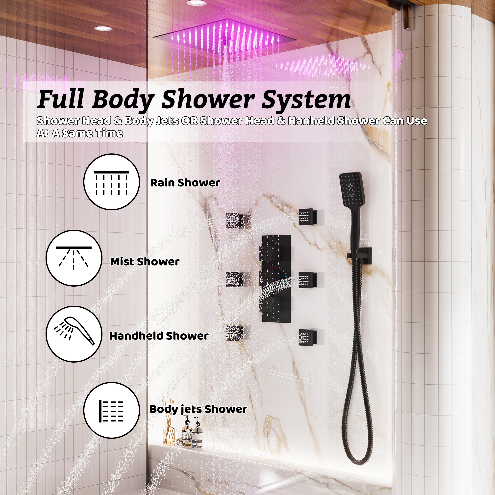 Thermostatic 4-Function LED Luxury Shower System with 12" Rainfall Showerhead