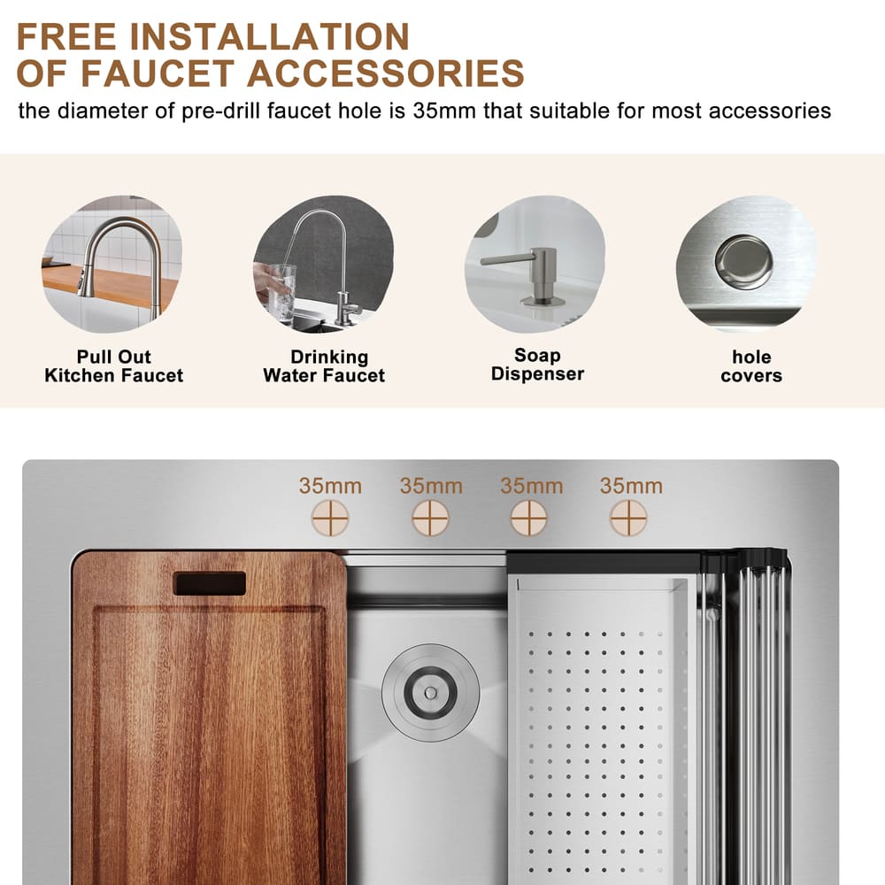 33inch 4-Hole Single Bowl Stainless Steel Drop-in Workstation Kitchen Sink with Accessories