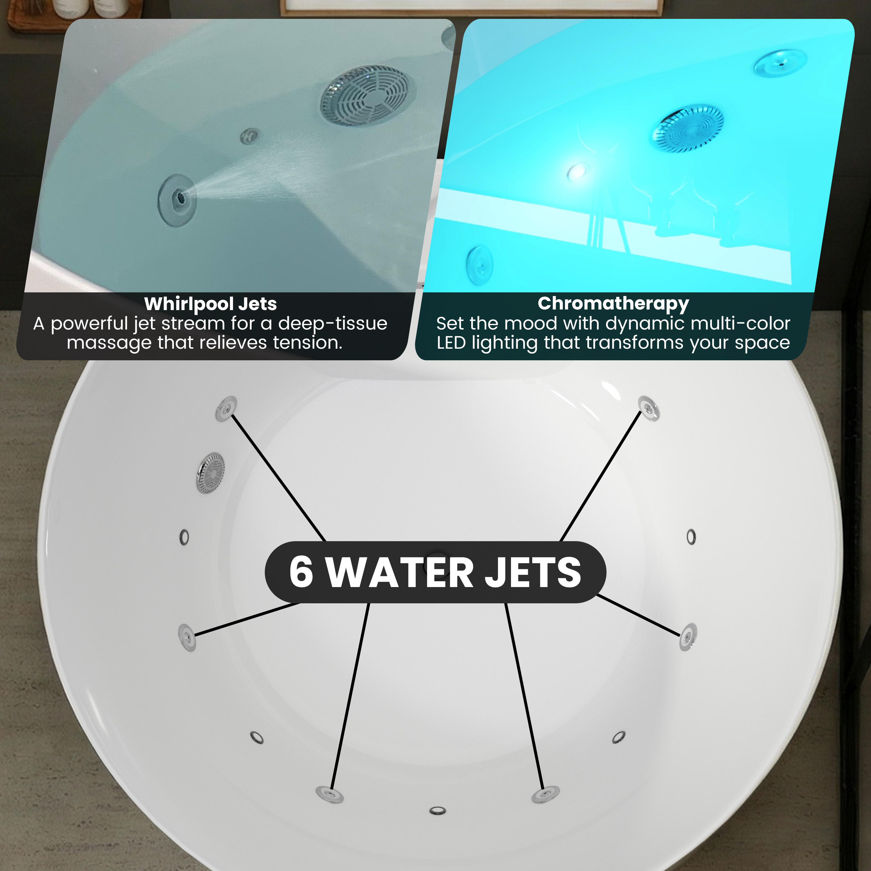 49" Modern Freestanding Whirlpool Bathtub with LED Mood Light & Hydro Massage Jets
