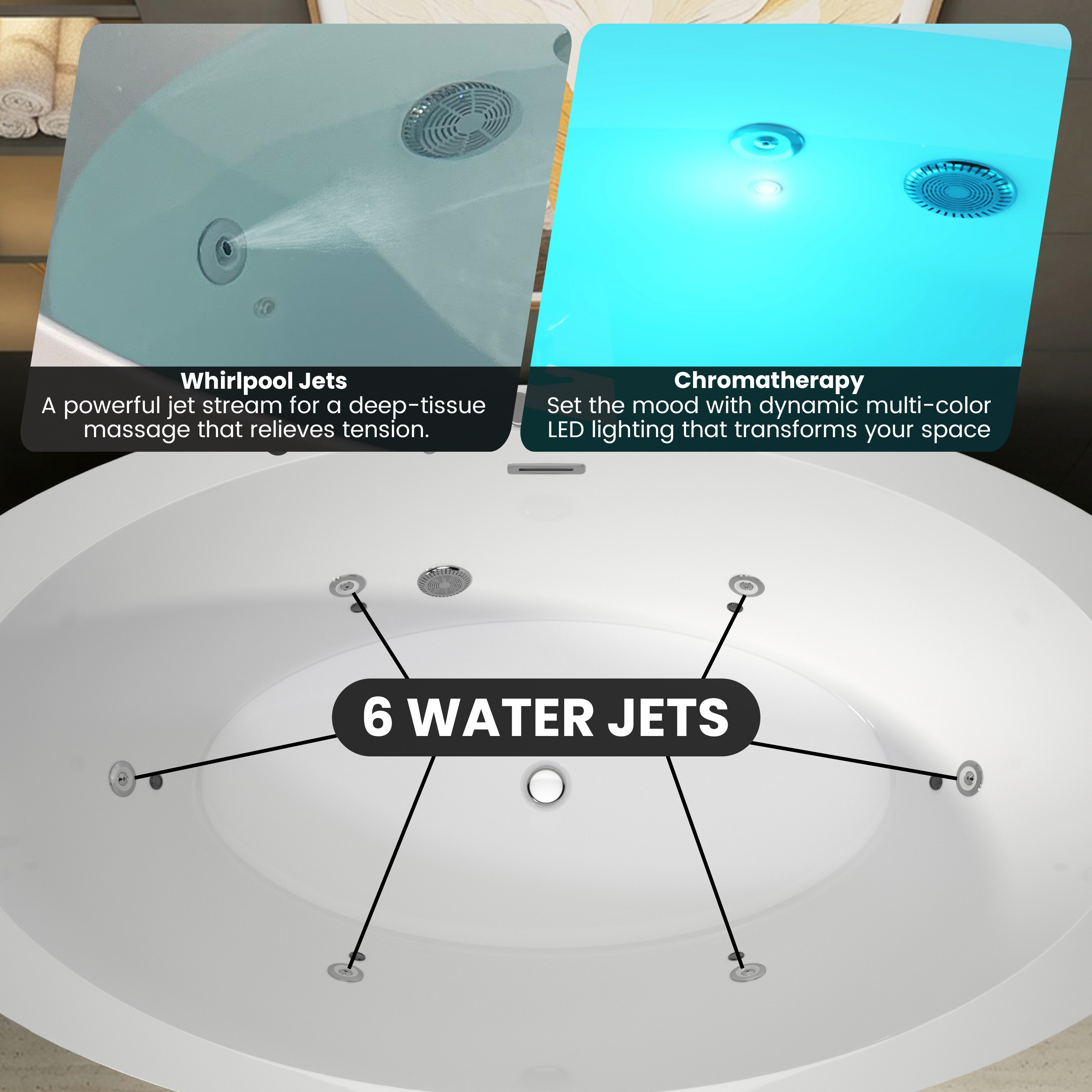 71" Minimalist Massage Freestanding Bathtub with LED Mood Light & Ergonomic Deep Soak