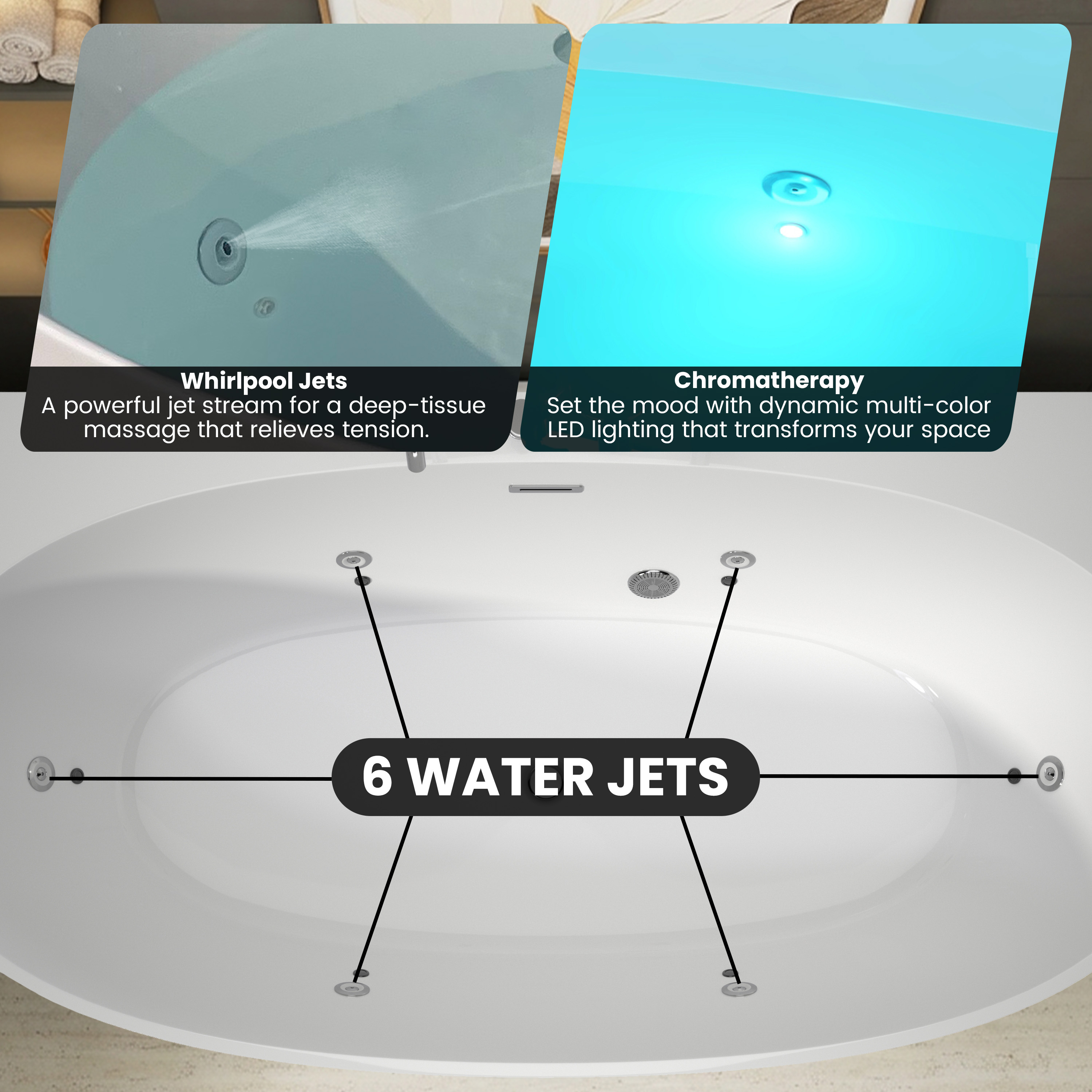 67" Freestanding Whirlpool Bathtub with 6 Hydro Jets & LED Mood Lighting