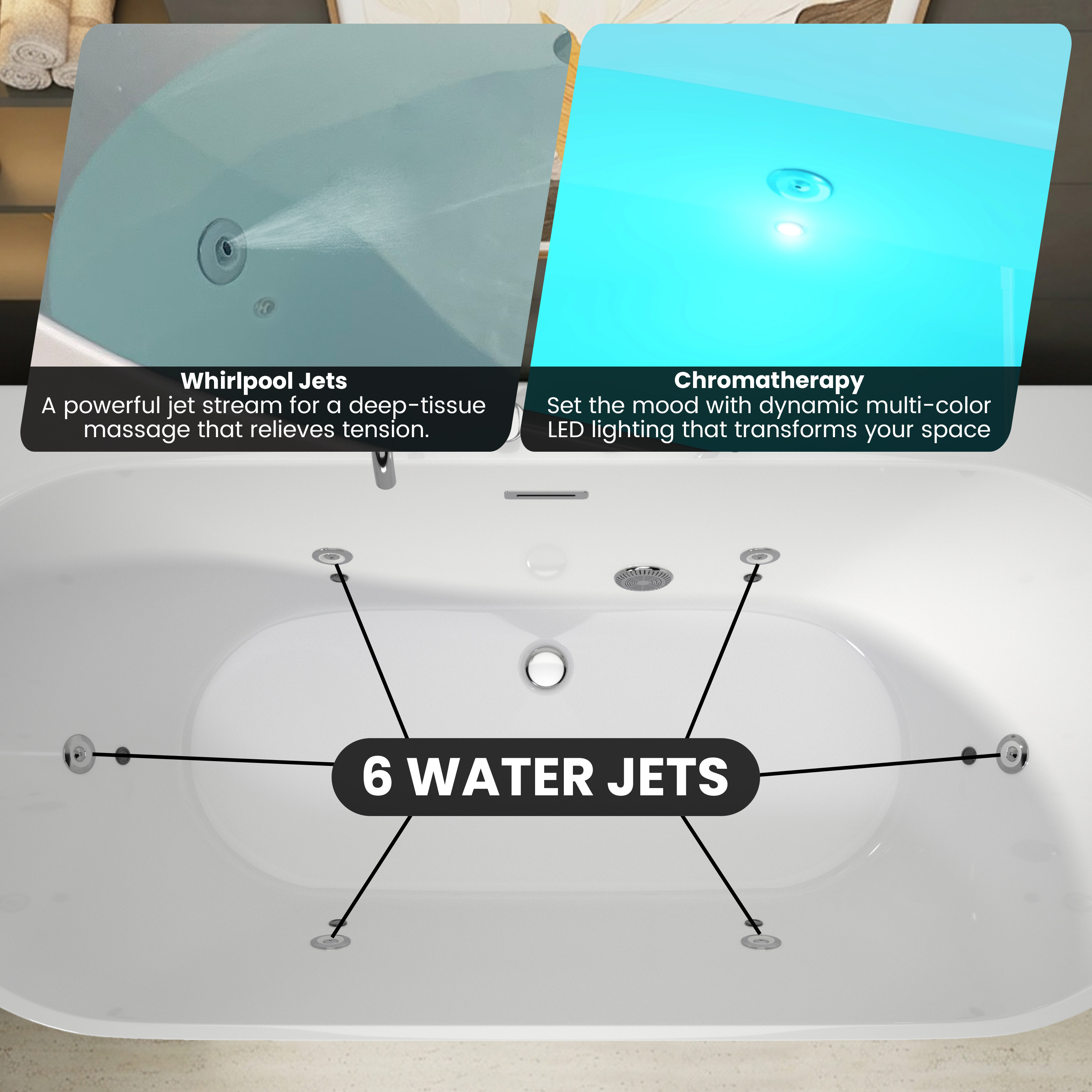 63" Acrylic Freestanding Whirlpool Bathtub with 6 Jets and 7-Color LED Light