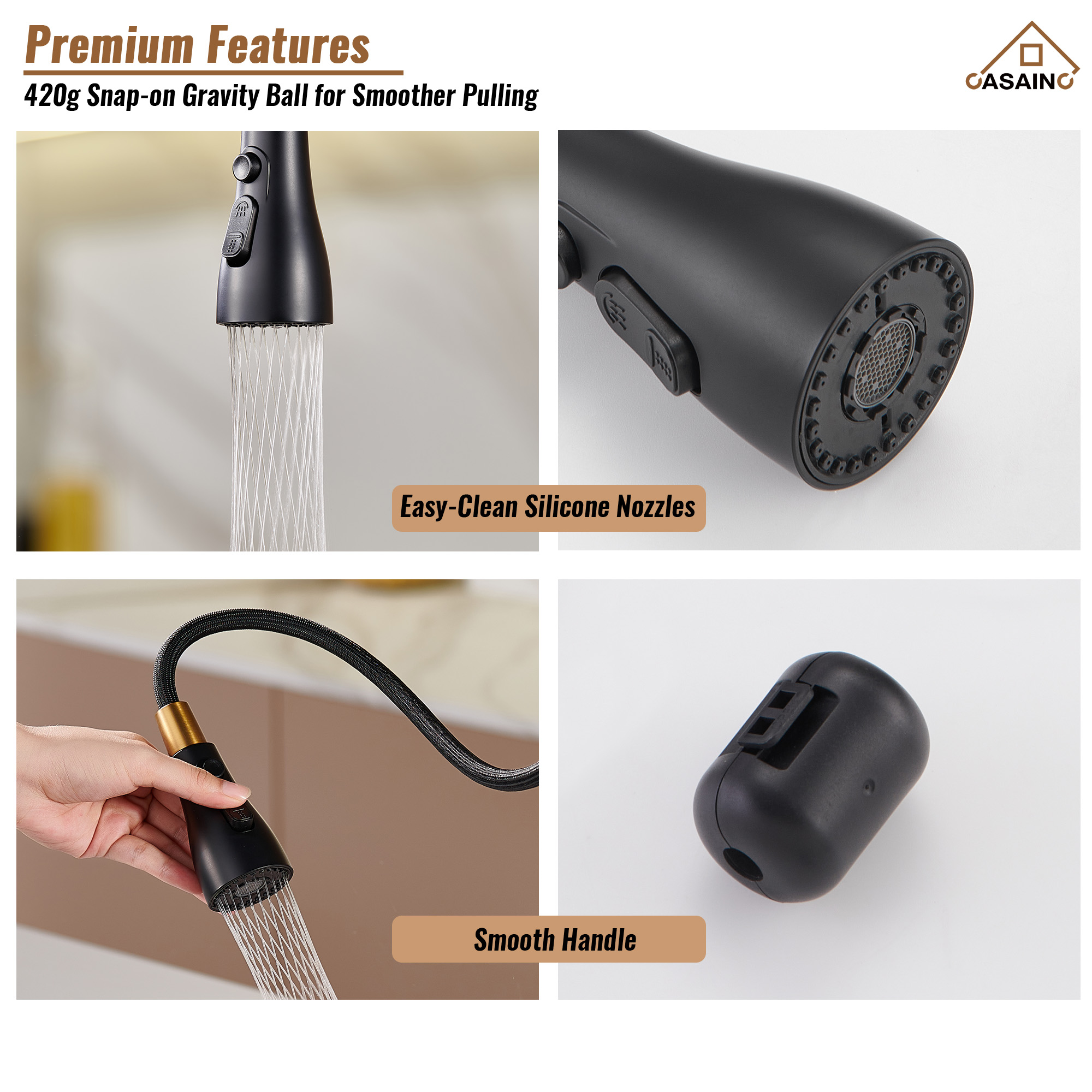  Pull-Down Sprayer Kitchen Faucet with 360° Swivel, Three Functions for Effortless Cooking and Cleaning