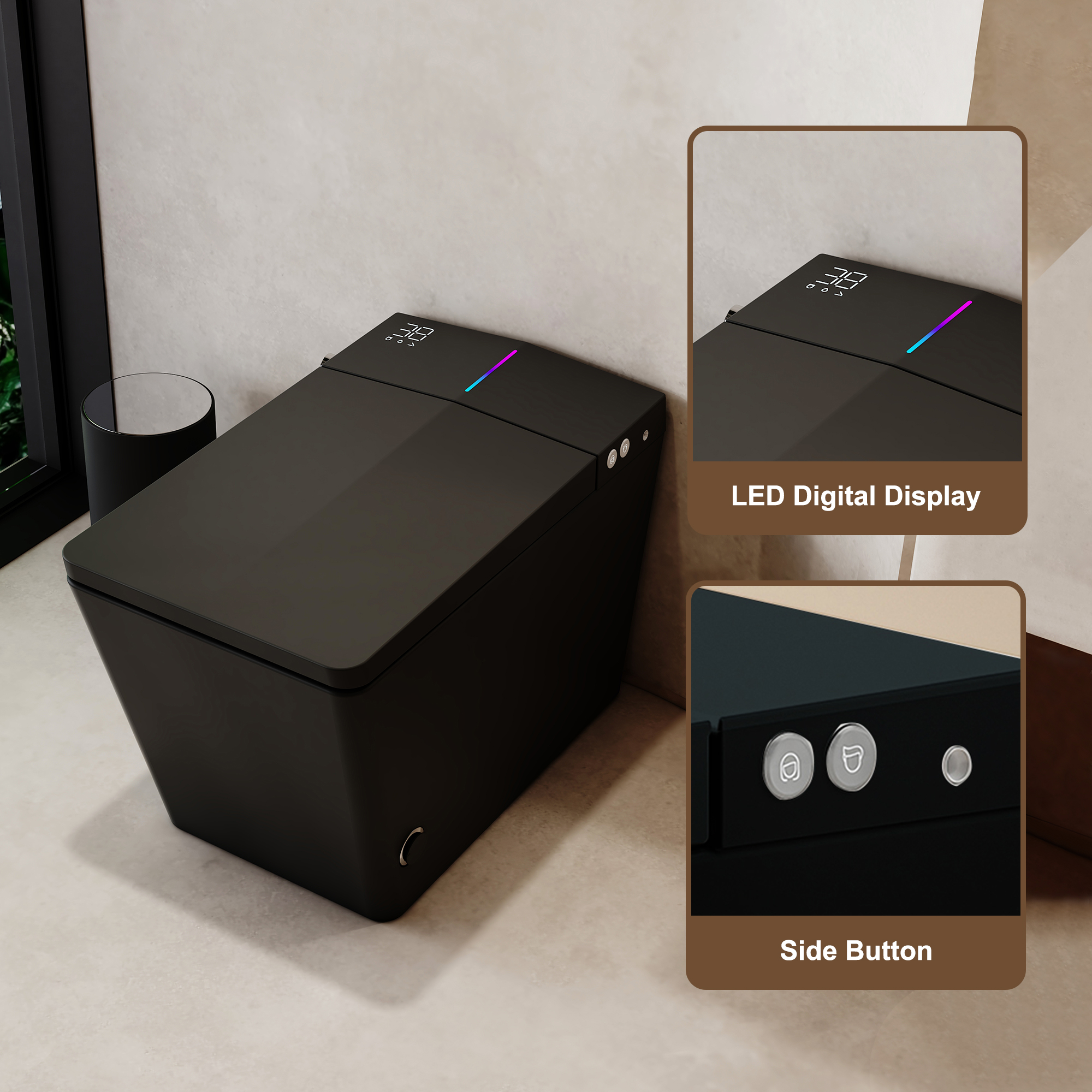 Black & White Smart Built-in Tank Bidet Toilet with Foot-Touch Lid Opening