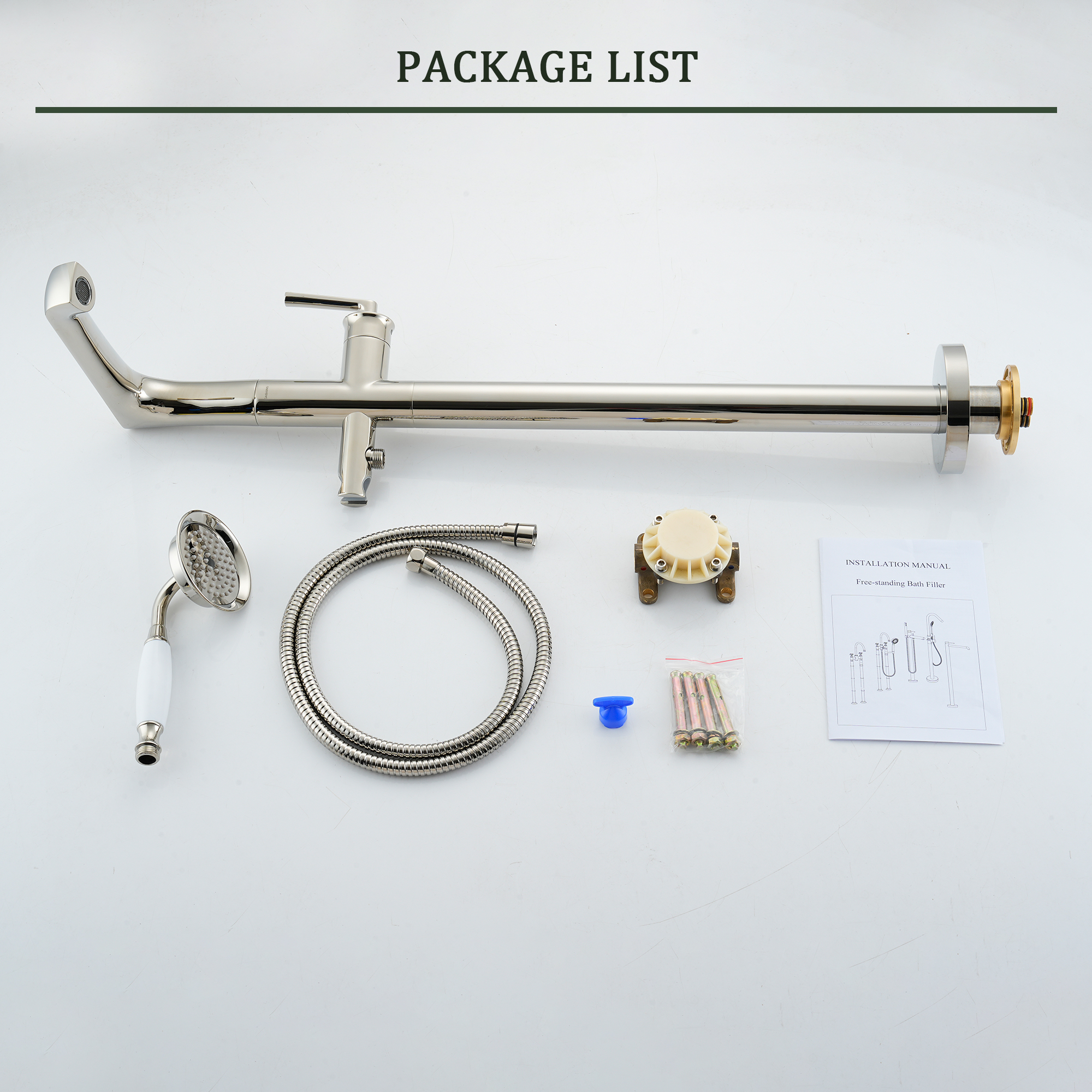 Polished Nickel Freestanding Floor Mount Bathtub Faucet with Hand Shower - HEXAGON