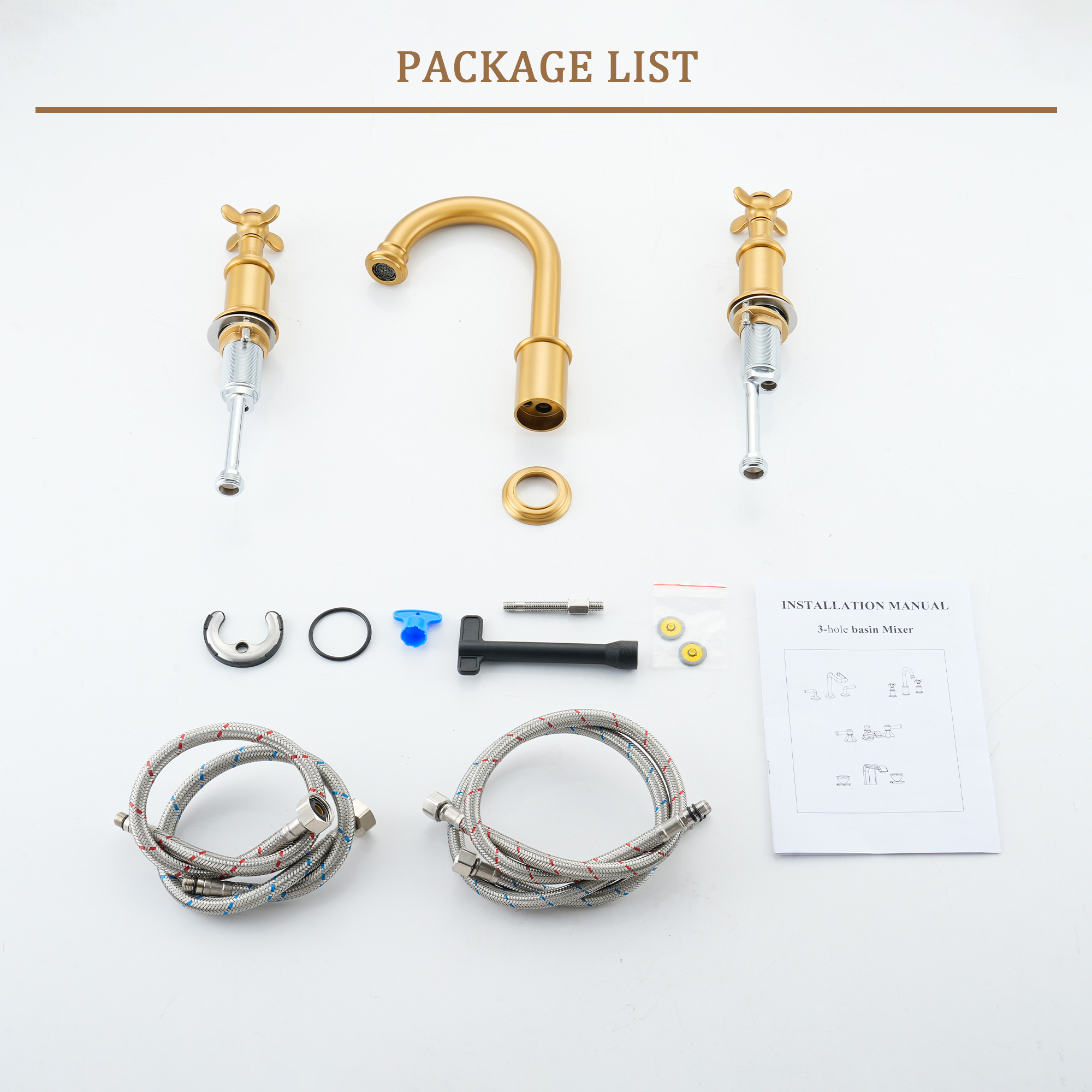 Cross Handles Brushed Gold Widespread Bathroom Faucet - DANUBE