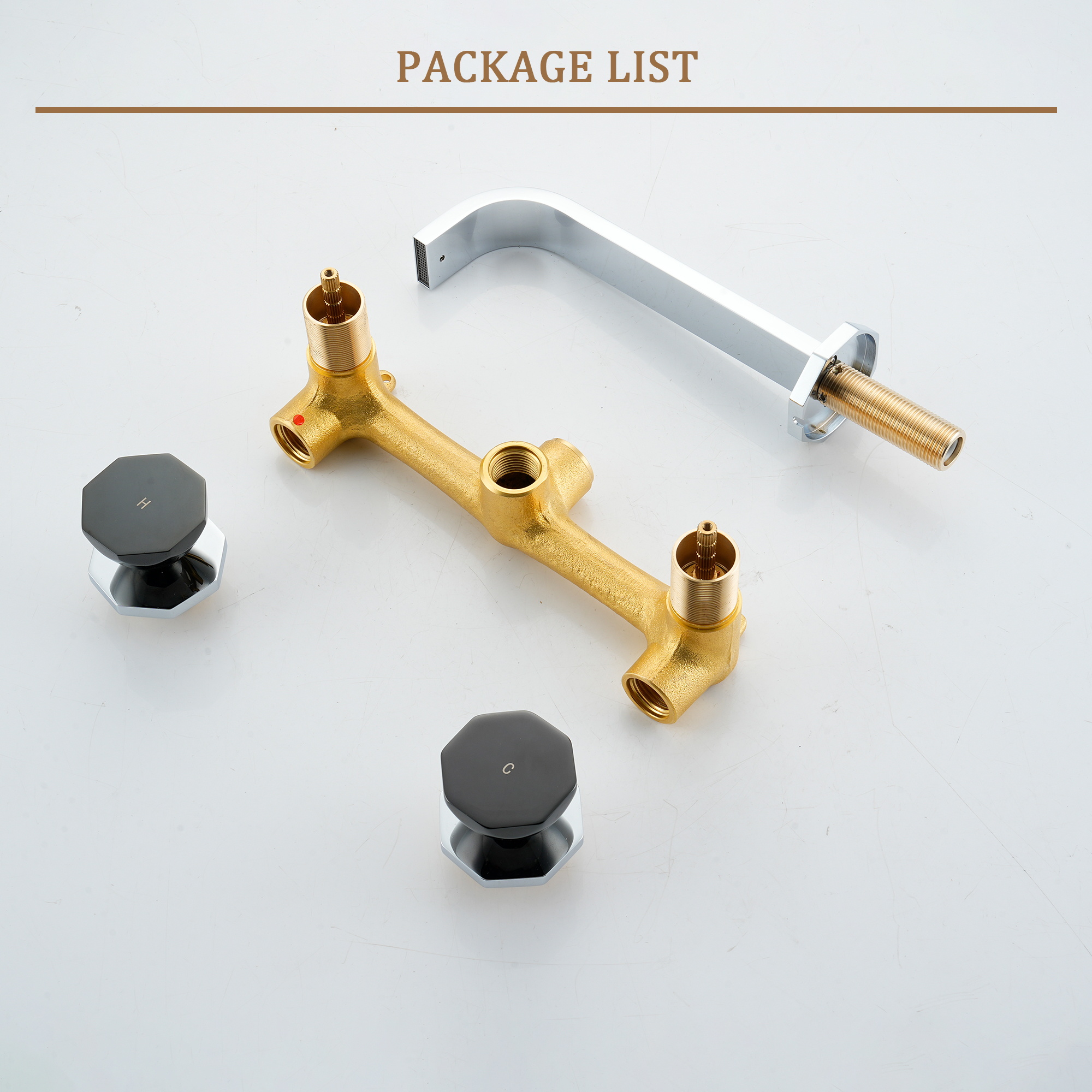 Chrome Wall-Mounted Bathroom Faucet with Black PVD Octagonal Handles - OCTAGON