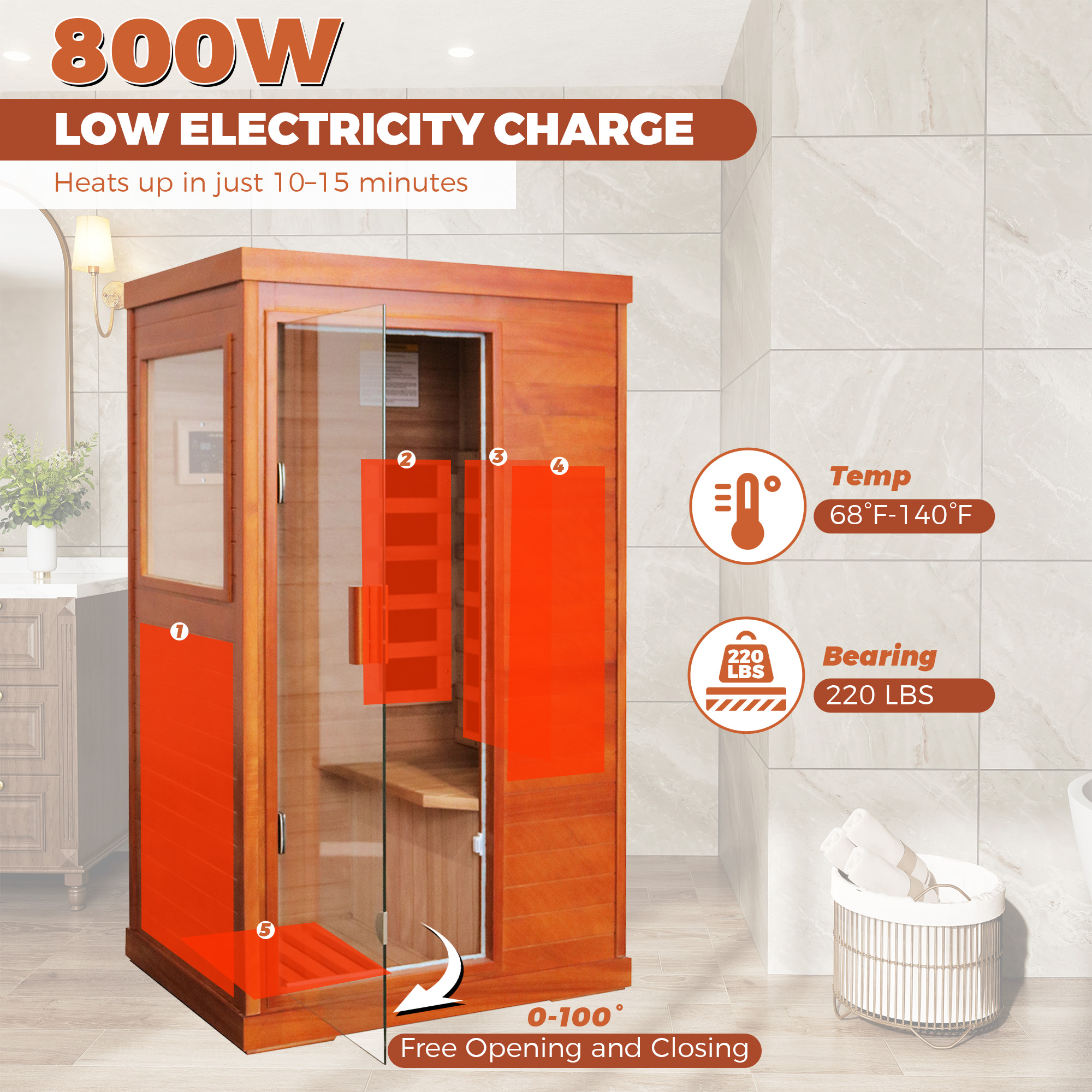 1-Person Indoor Infrared Sauna Room with Bluetooth & LED Light