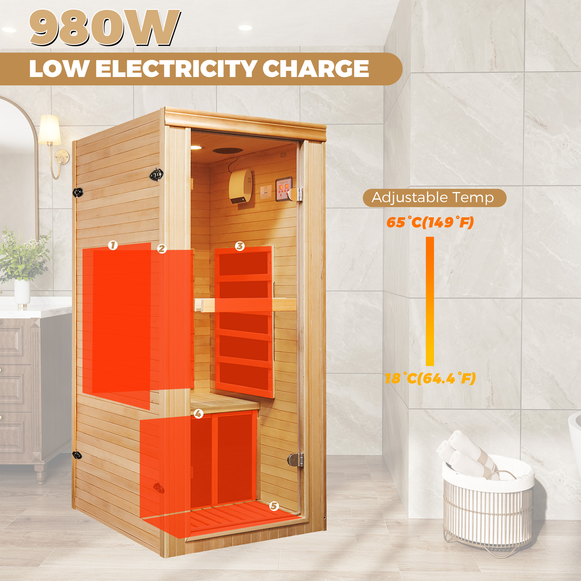Single Person Far-Infrared Sauna Room with 5 Heating Plates for Home Wellness