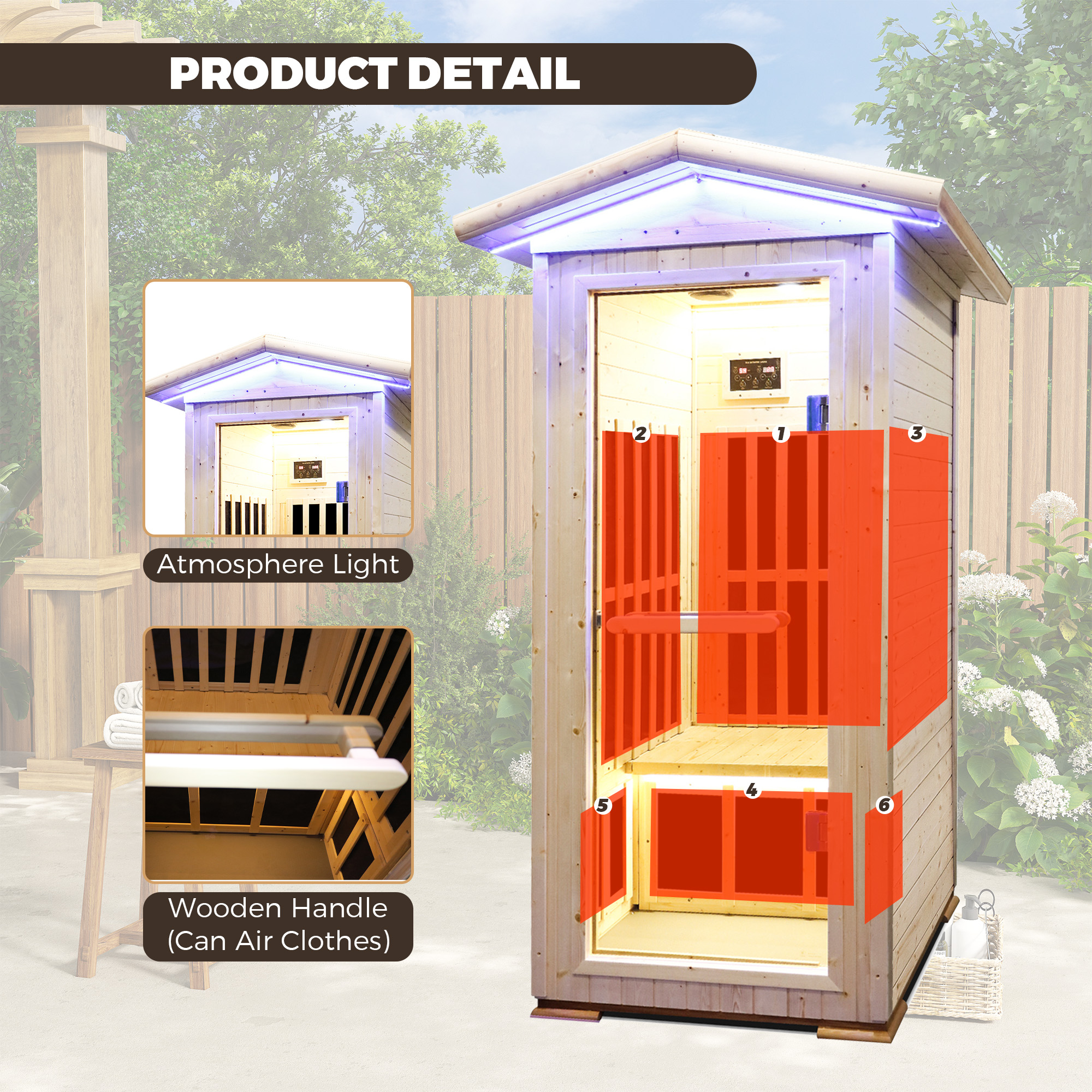 1-Person Spruce Outdoor Infrared Sauna with Bluetooth & Ambient Lighting