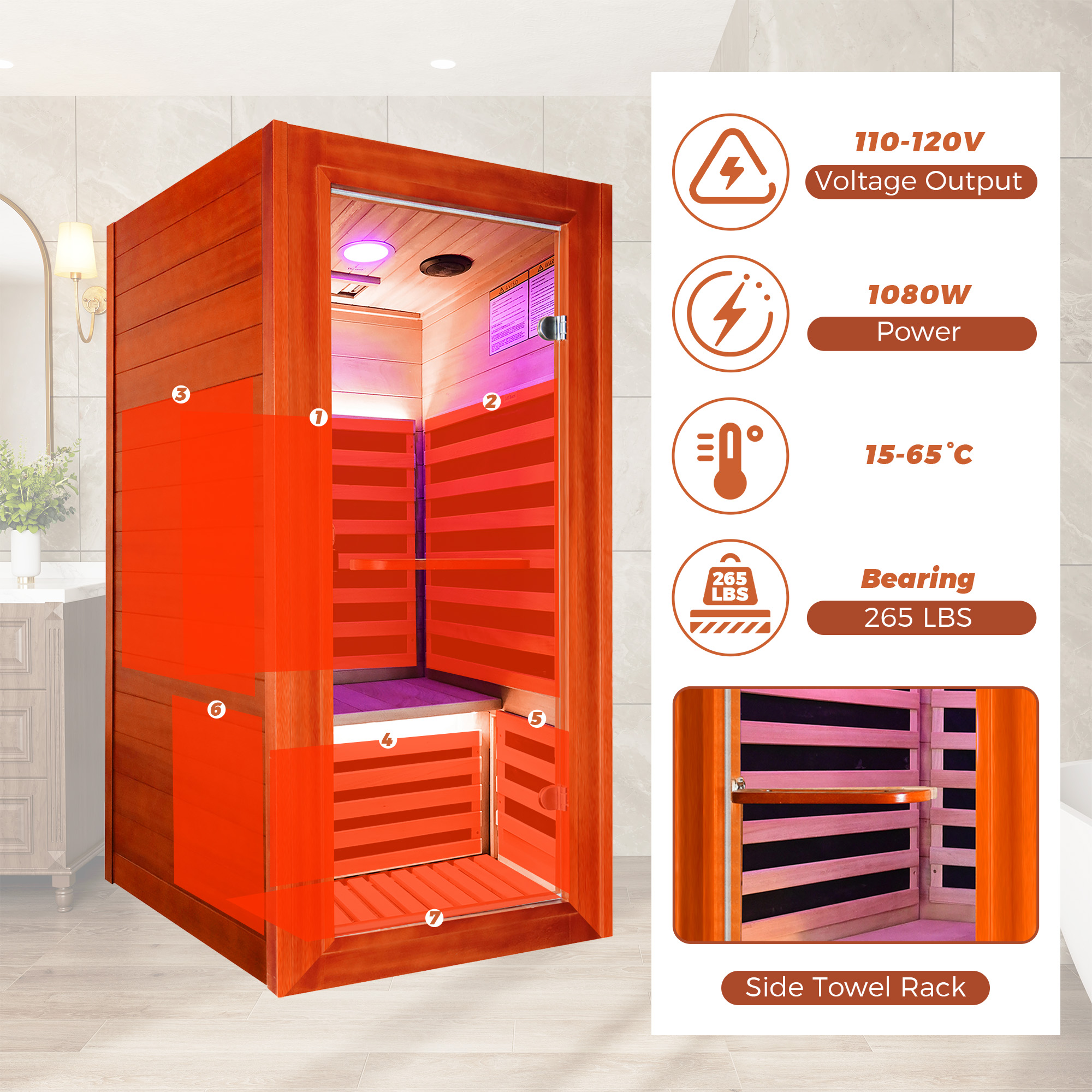 1-Person Infrared Sauna with Bluetooth Speakers and LED Reading Lights