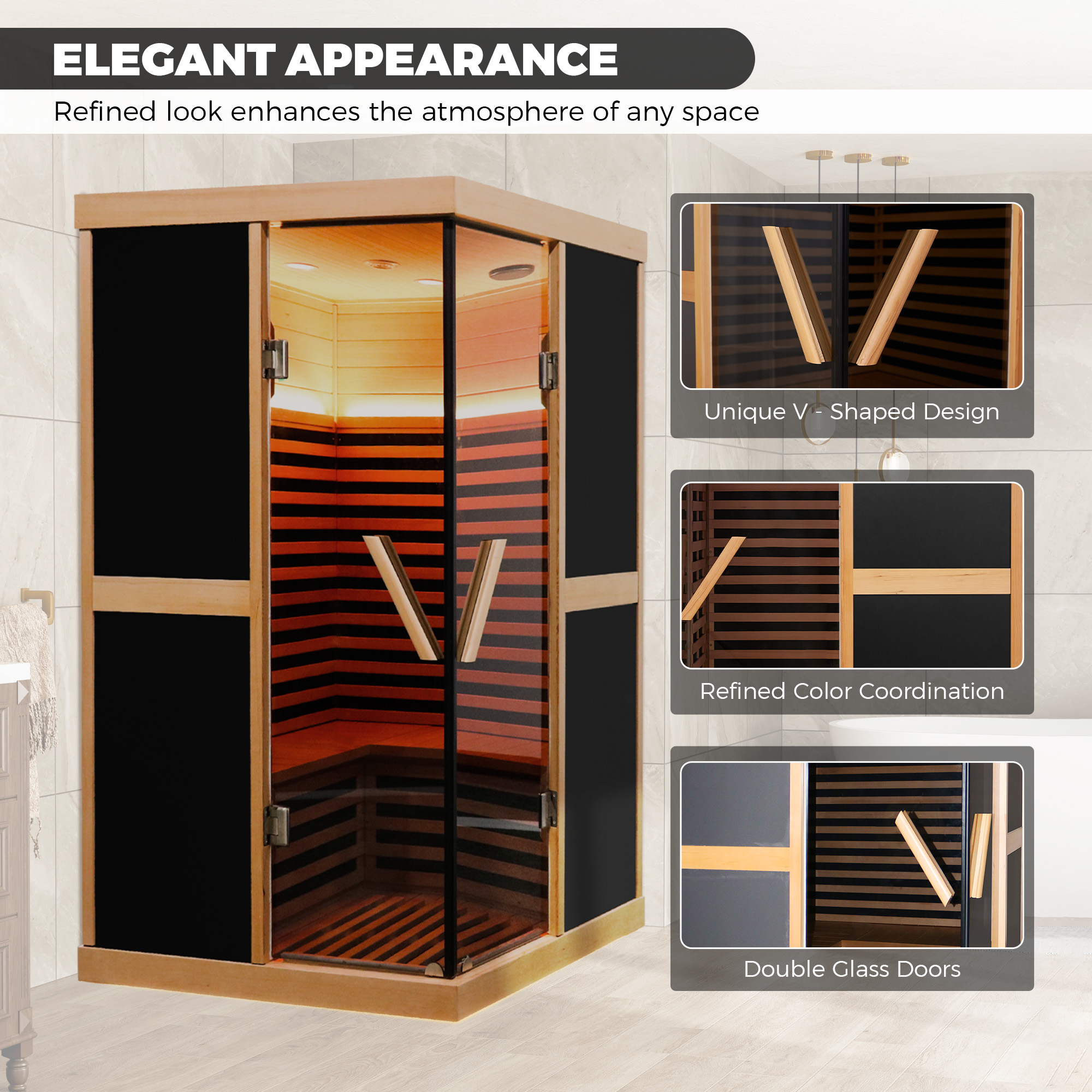 Hemlock Wood Double Person V-Shaped Infrared Sauna with Dual Glass Doors