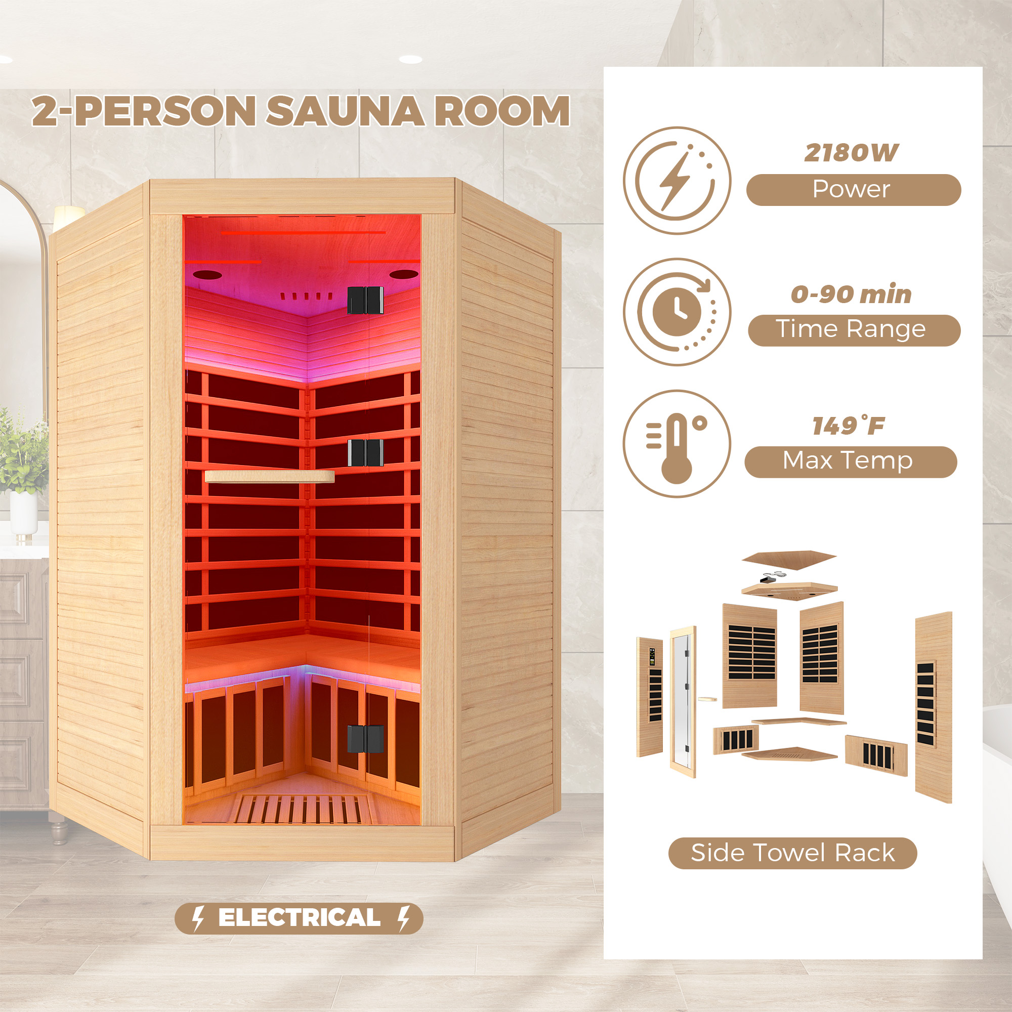 Canadian Hemlock 2-Person Infrared Corner Sauna with Chromotherapy & Bluetooth